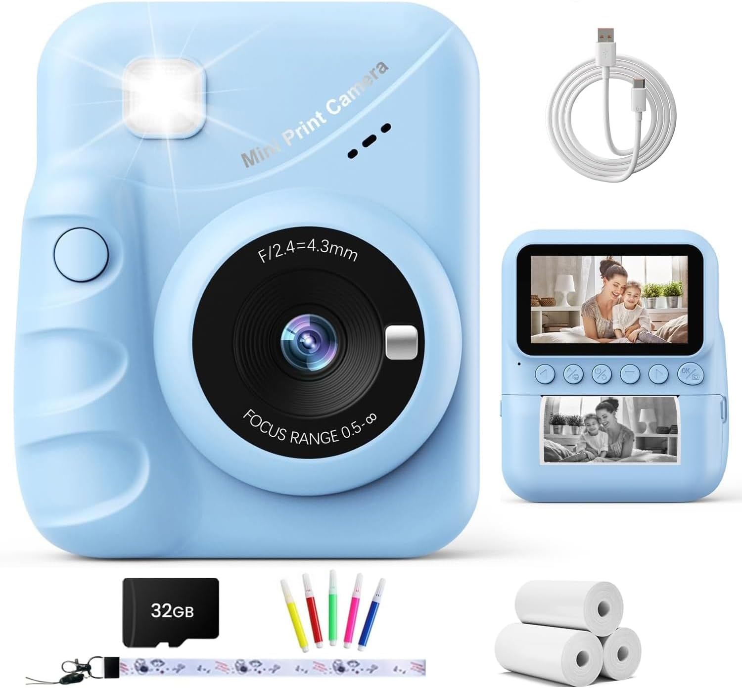 TIATUA Instant camera voor kinderen, 7,6 cm, HD, 48 MP, onmiddellijke camera voor kinderen, met 32 GB kaart en 3 rollen papier, cadeau voor jongens en meisjes van 3 tot 12 jaar, blauw | Met 32 GB kaart en 3 rollen, inktloos afdrukken, selfie, 16x zoom, MP