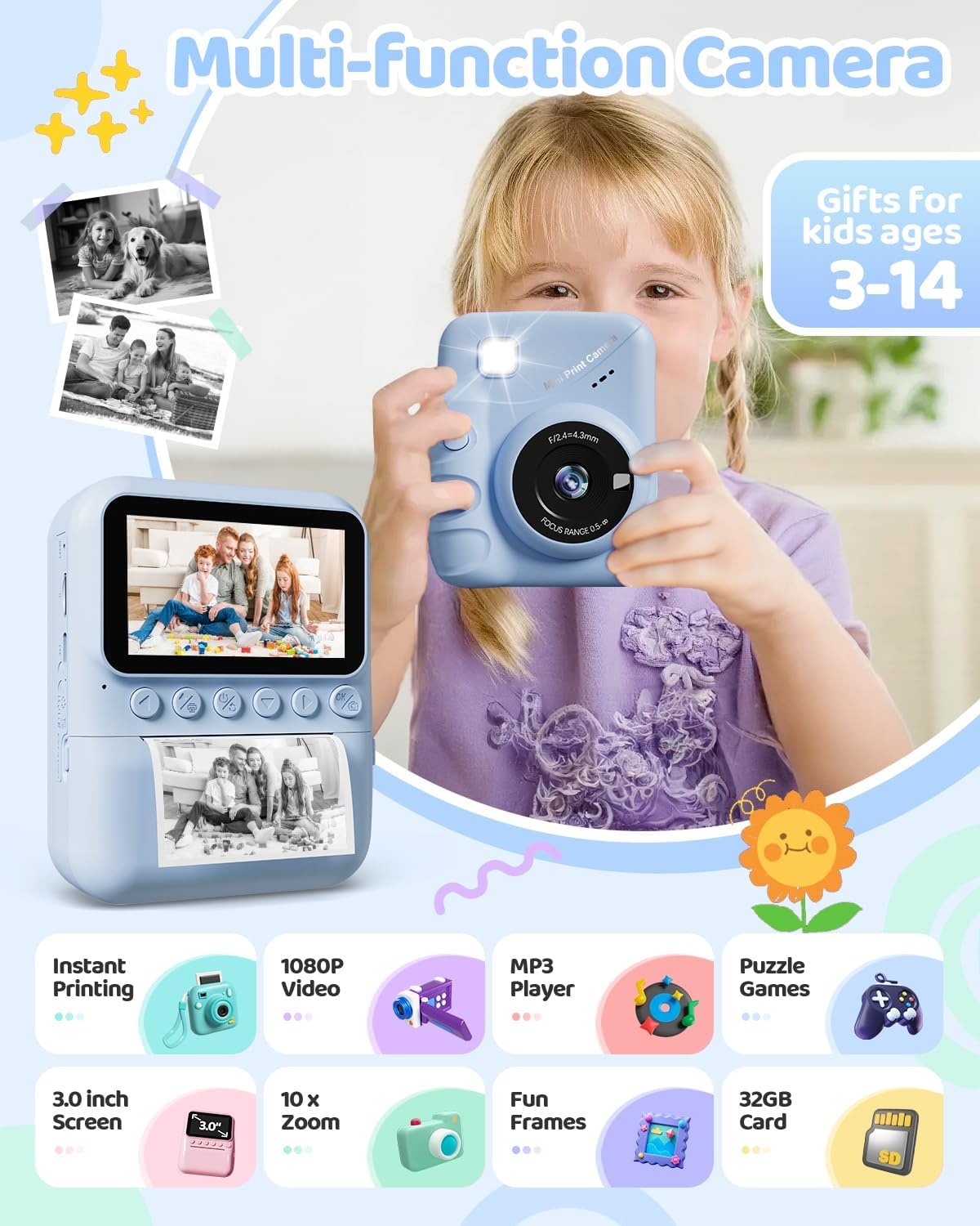 TIATUA Instant camera voor kinderen, 7,6 cm, HD, 48 MP, onmiddellijke camera voor kinderen, met 32 GB kaart en 3 rollen papier, cadeau voor jongens en meisjes van 3 tot 12 jaar, blauw | Met 32 GB kaart en 3 rollen, inktloos afdrukken, selfie, 16x zoom, MP