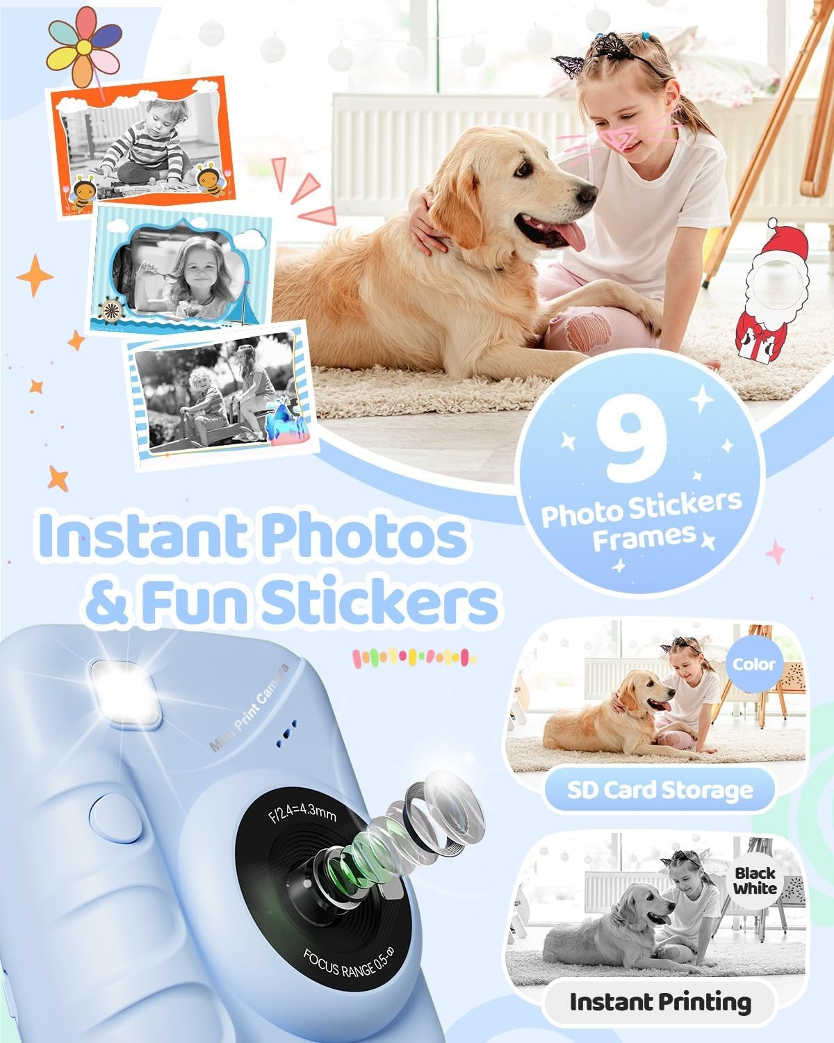 TIATUA Instant camera voor kinderen, 7,6 cm, HD, 48 MP, onmiddellijke camera voor kinderen, met 32 GB kaart en 3 rollen papier, cadeau voor jongens en meisjes van 3 tot 12 jaar, blauw | Met 32 GB kaart en 3 rollen, inktloos afdrukken, selfie, 16x zoom, MP