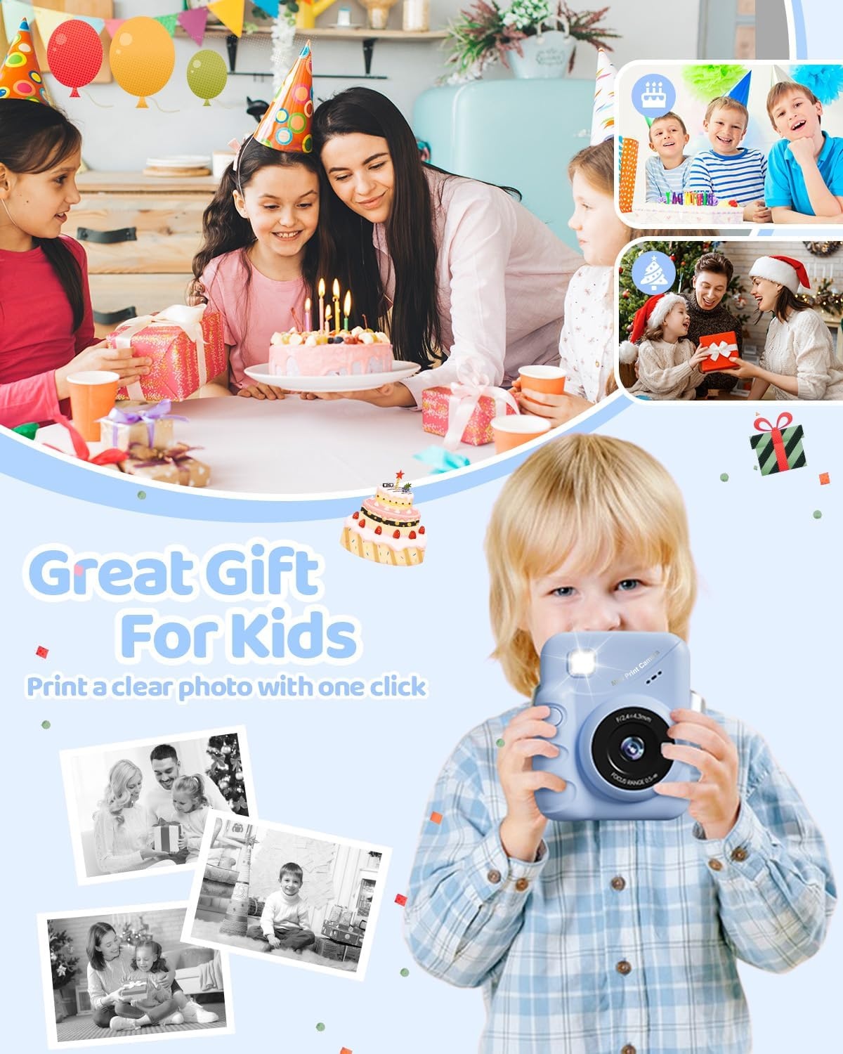 TIATUA Instant camera voor kinderen, 7,6 cm, HD, 48 MP, onmiddellijke camera voor kinderen, met 32 GB kaart en 3 rollen papier, cadeau voor jongens en meisjes van 3 tot 12 jaar, blauw | Met 32 GB kaart en 3 rollen, inktloos afdrukken, selfie, 16x zoom, MP