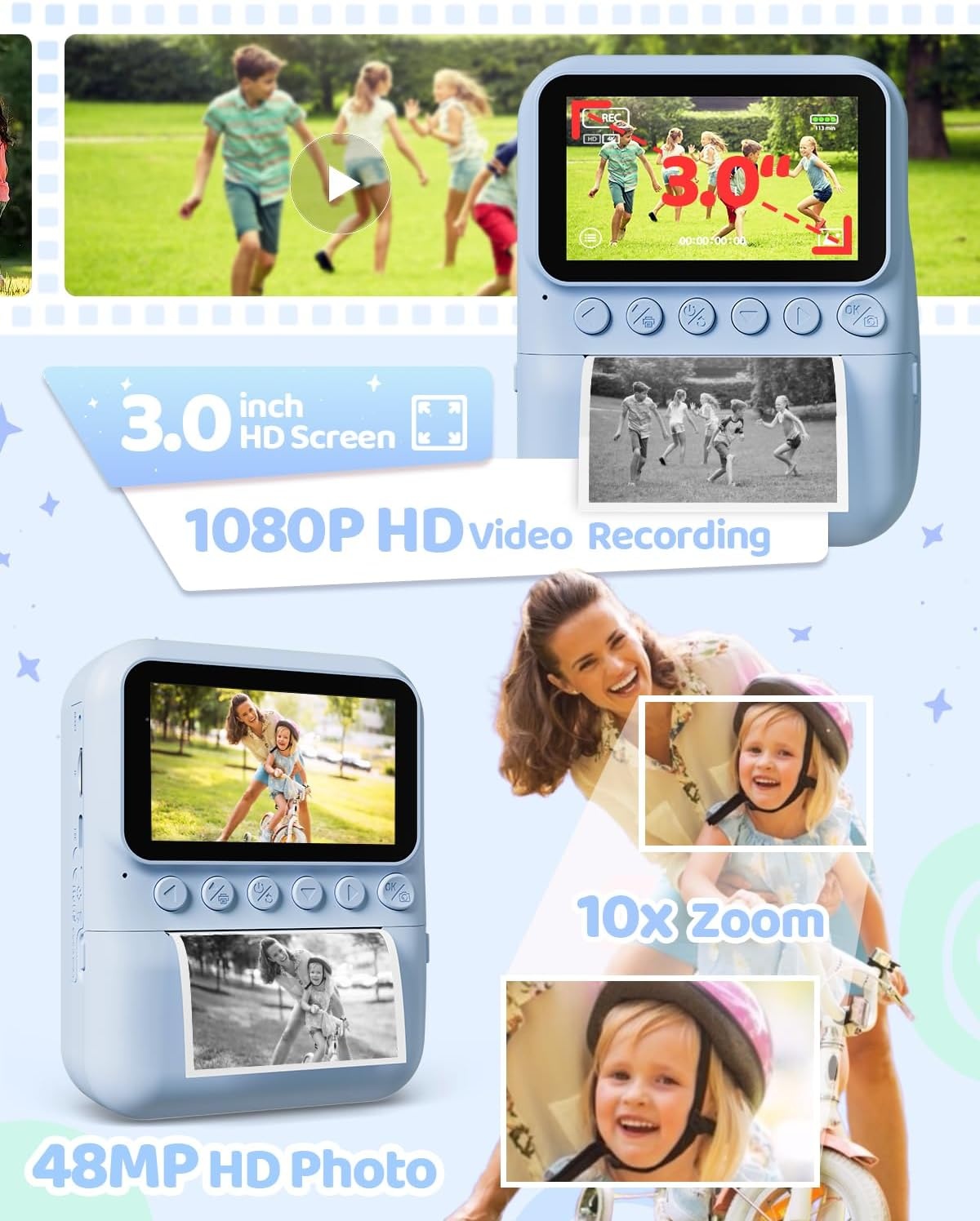 TIATUA Instant camera voor kinderen, 7,6 cm, HD, 48 MP, onmiddellijke camera voor kinderen, met 32 GB kaart en 3 rollen papier, cadeau voor jongens en meisjes van 3 tot 12 jaar, blauw | Met 32 GB kaart en 3 rollen, inktloos afdrukken, selfie, 16x zoom, MP