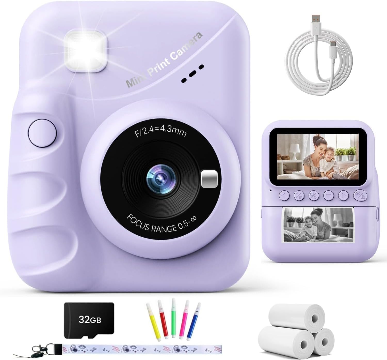 TIATUA Instant camera voor kinderen, 7,6 cm, HD, 48 MP, onmiddellijke camera voor kinderen, met 32 GB kaart en 3 rollen papier, cadeau voor jongens en meisjes van 3 tot 12 jaar, blauw | Met 32 GB kaart en 3 rollen, inktloos afdrukken, selfie, 16x zoom, MP