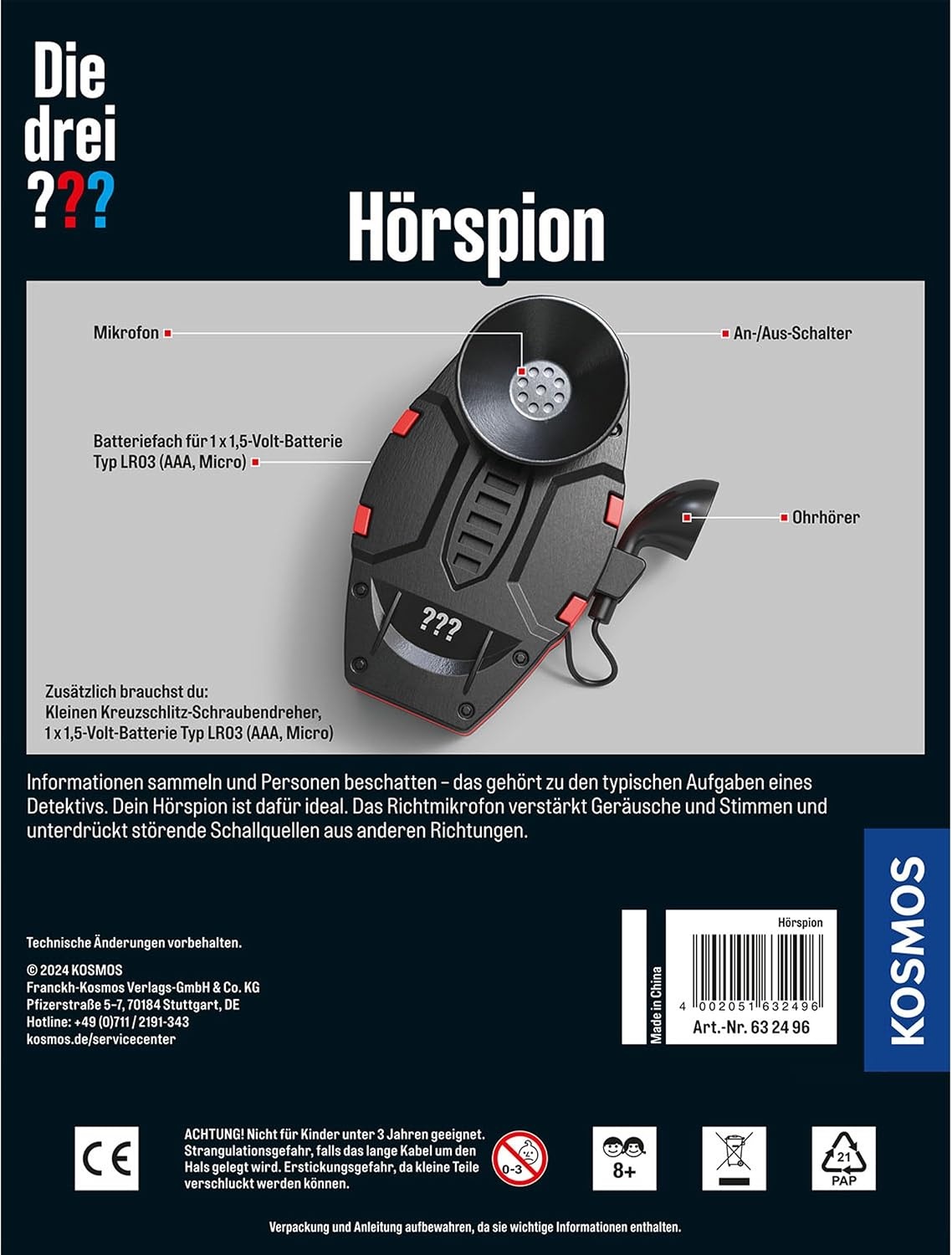 Die Drei ??? Hoorspion – Detective speelgoedset voor kinderen, 22,5 x 20 x 4,2 cm, Wit