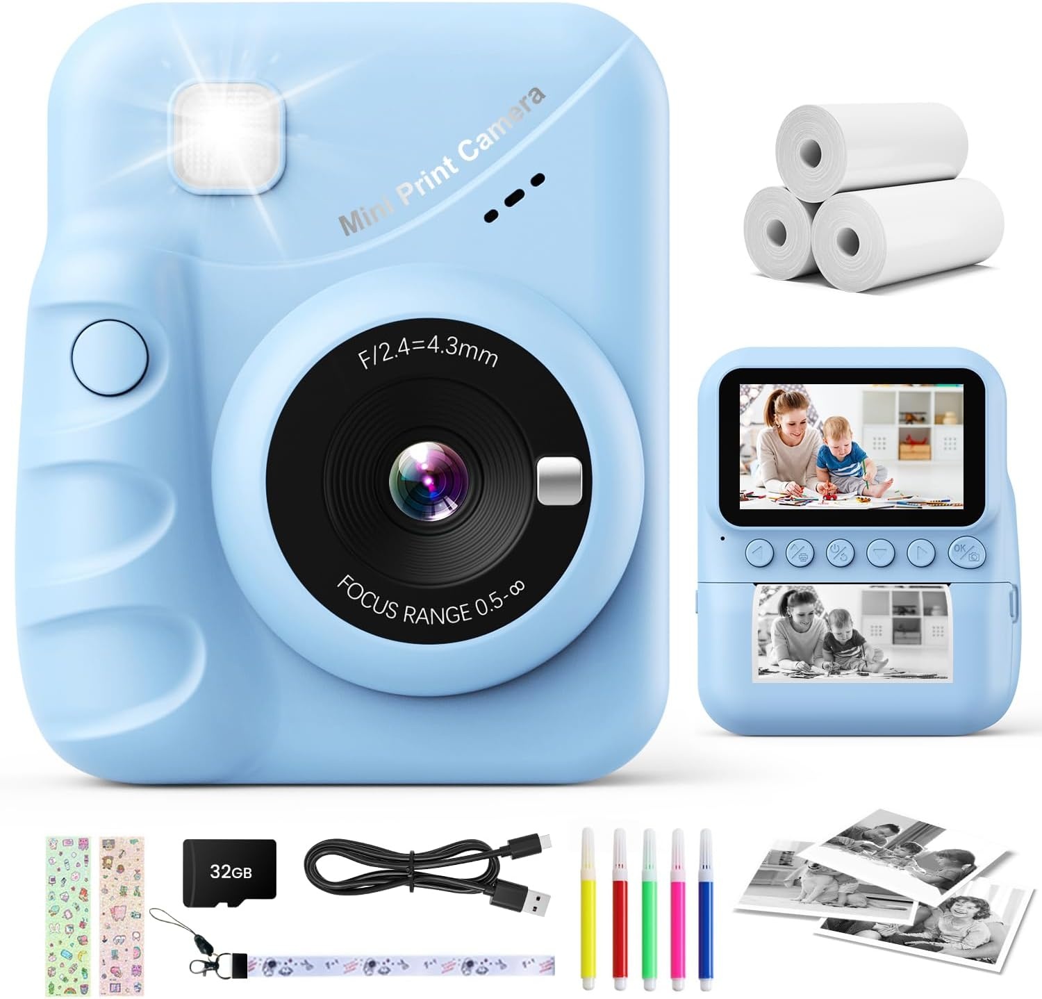 CalineGam Kindercamera Direct Printen, 3.0'' HD Scherm 48MP Fotocamera voor Kinderen met 32GB Kaart & Printpapier, 1080P HD Digitale Camera, Ideaal Cadeau voor Jongens Meisjes 3-12 Jaar (Blauw)