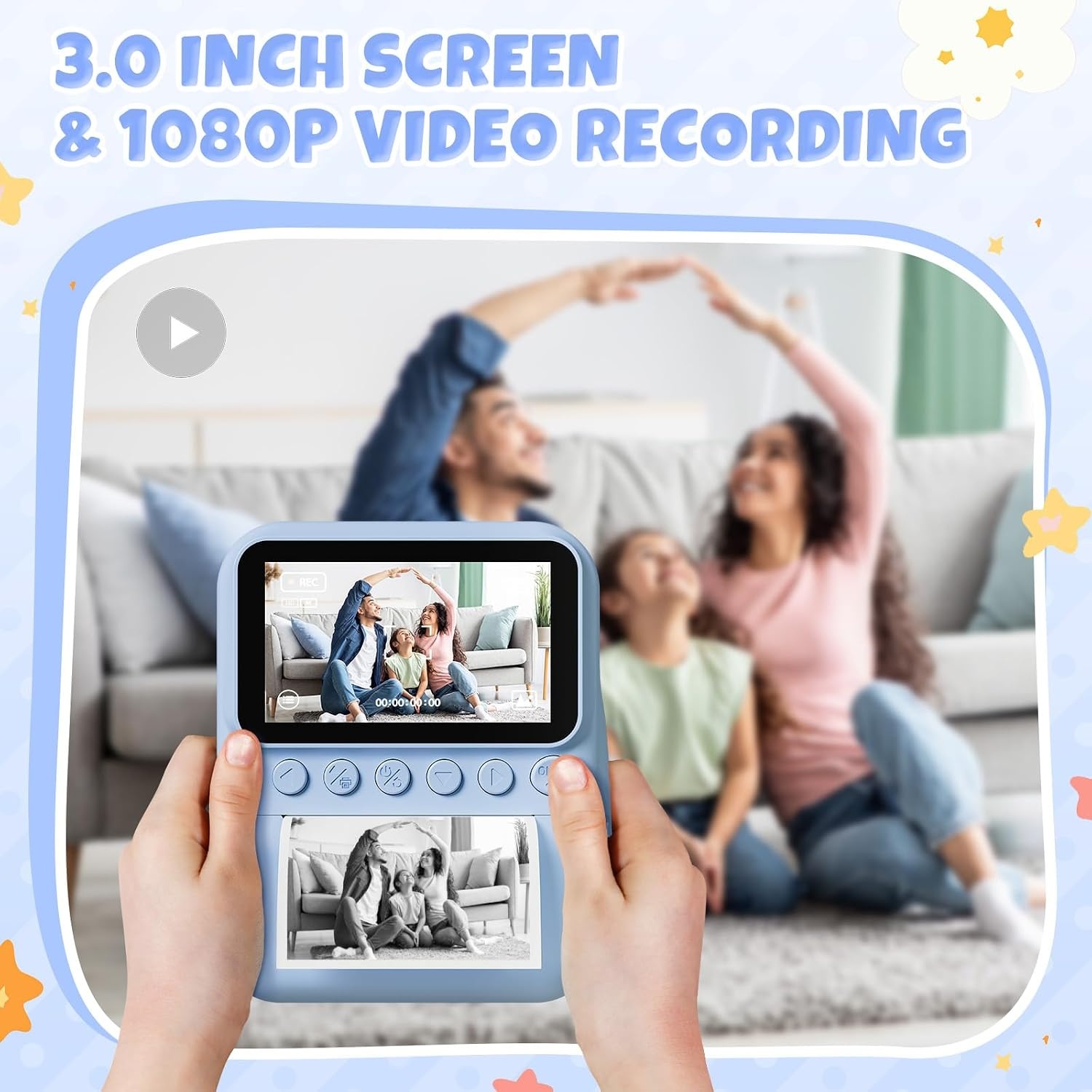 CalineGam Kindercamera Direct Printen, 3.0'' HD Scherm 48MP Fotocamera voor Kinderen met 32GB Kaart & Printpapier, 1080P HD Digitale Camera, Ideaal Cadeau voor Jongens Meisjes 3-12 Jaar (Blauw)