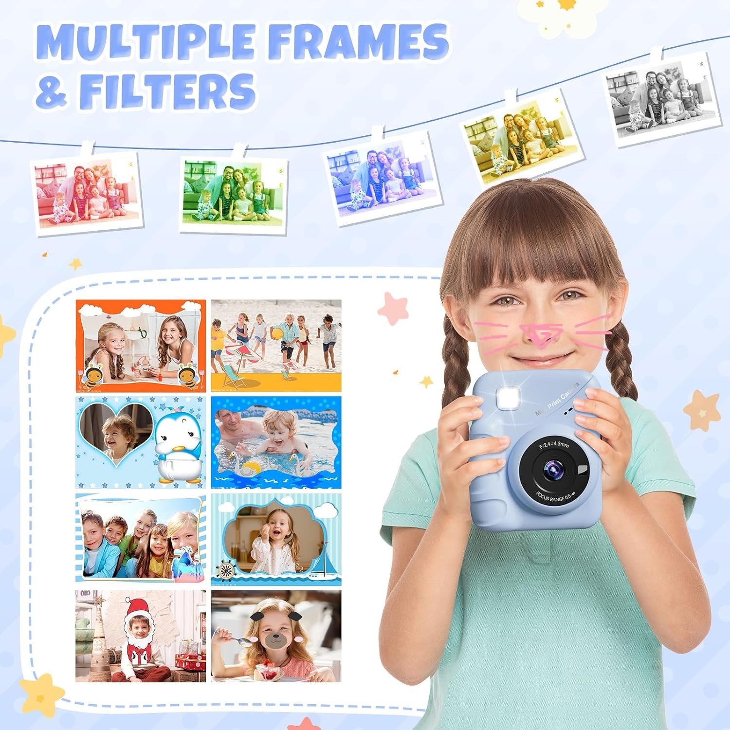 CalineGam Kindercamera Direct Printen, 3.0'' HD Scherm 48MP Fotocamera voor Kinderen met 32GB Kaart & Printpapier, 1080P HD Digitale Camera, Ideaal Cadeau voor Jongens Meisjes 3-12 Jaar (Blauw)