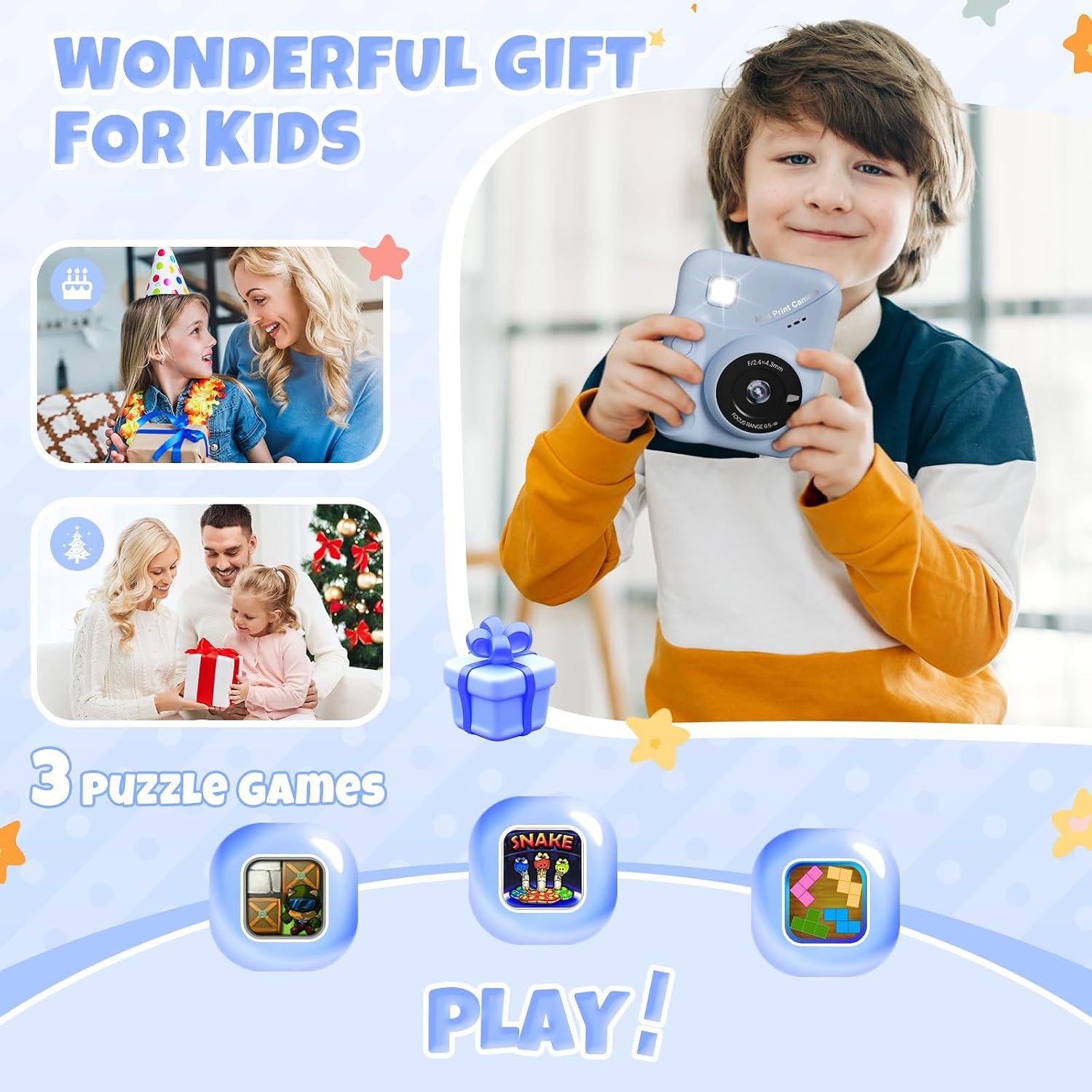 CalineGam Kindercamera Direct Printen, 3.0'' HD Scherm 48MP Fotocamera voor Kinderen met 32GB Kaart & Printpapier, 1080P HD Digitale Camera, Ideaal Cadeau voor Jongens Meisjes 3-12 Jaar (Blauw)