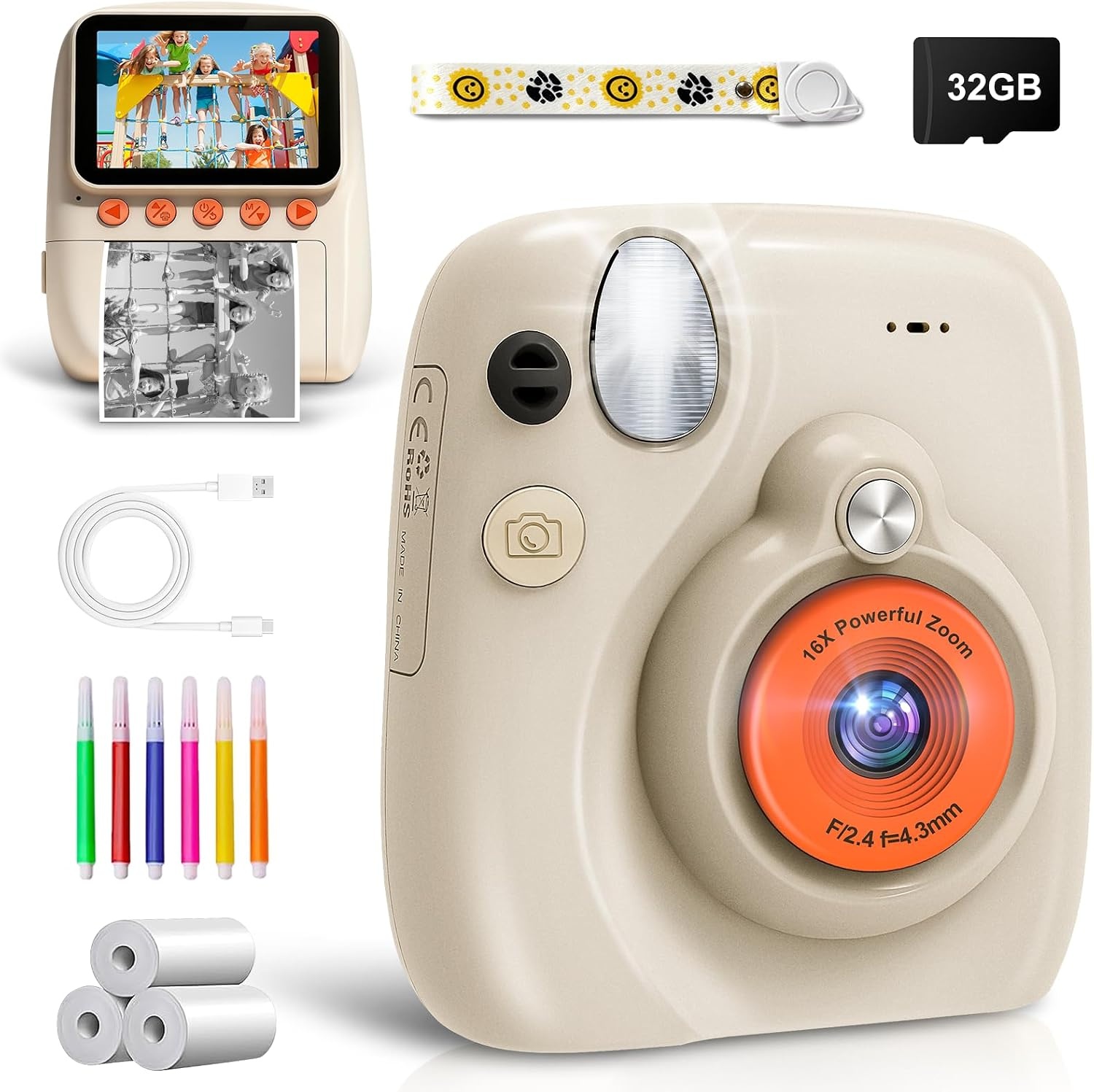 Kindercamera, directe camera voor kinderen, 48 MP 3,0 inch scherm, kindercamera, directe camera met 32G-kaart, printpapier en gekleurde pennen, cadeaus voor meisjes en jongens van 3 tot 12