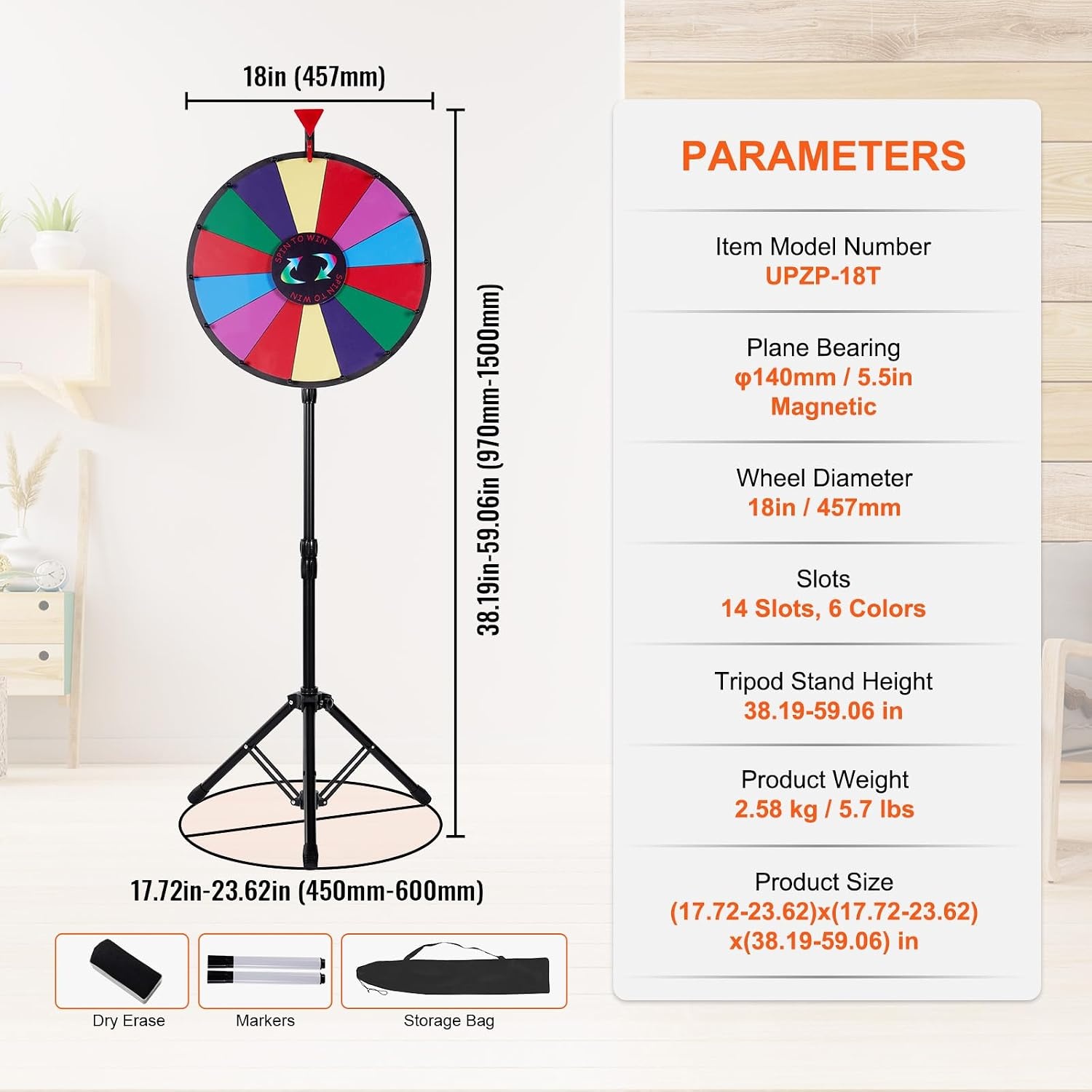 VEVOR Promotiewiel 18 inch met 14 Vakken en Verstelbaar Statief - Zwart