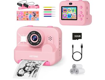 ASTGMI Instant camera, 2,4 inch kindercamerascherm met printpapier en 32 GB kaart, selfie- en videomodus, speelgoedcadeau voor kinderen, jongens, meisjes van 3 tot 14 jaar (roze)