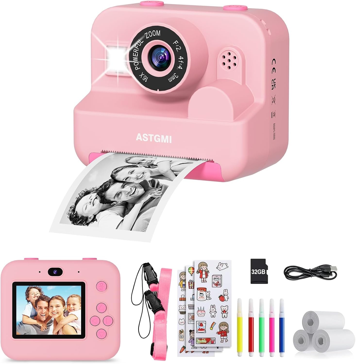 ASTGMI Instant camera, 2,4 inch kindercamerascherm met printpapier en 32 GB kaart, selfie- en videomodus, speelgoedcadeau voor kinderen, jongens, meisjes van 3 tot 14 jaar (roze)