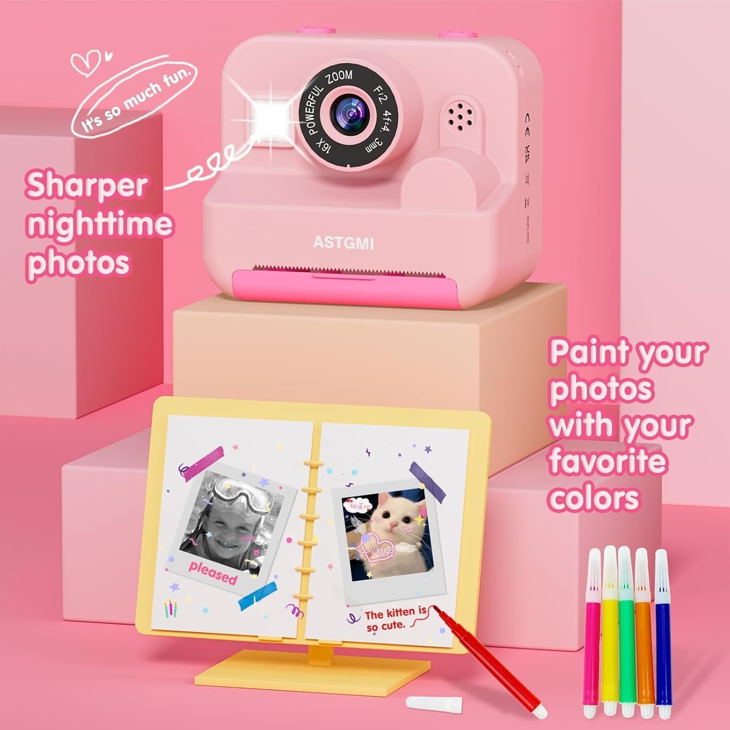 ASTGMI Instant camera, 2,4 inch kindercamerascherm met printpapier en 32 GB kaart, selfie- en videomodus, speelgoedcadeau voor kinderen, jongens, meisjes van 3 tot 14 jaar (roze)