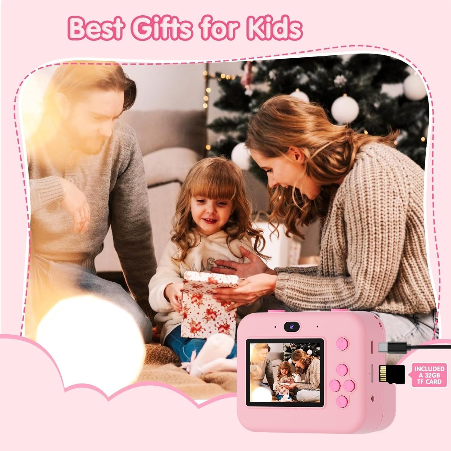 ASTGMI Instant camera, 2,4 inch kindercamerascherm met printpapier en 32 GB kaart, selfie- en videomodus, speelgoedcadeau voor kinderen, jongens, meisjes van 3 tot 14 jaar (roze)