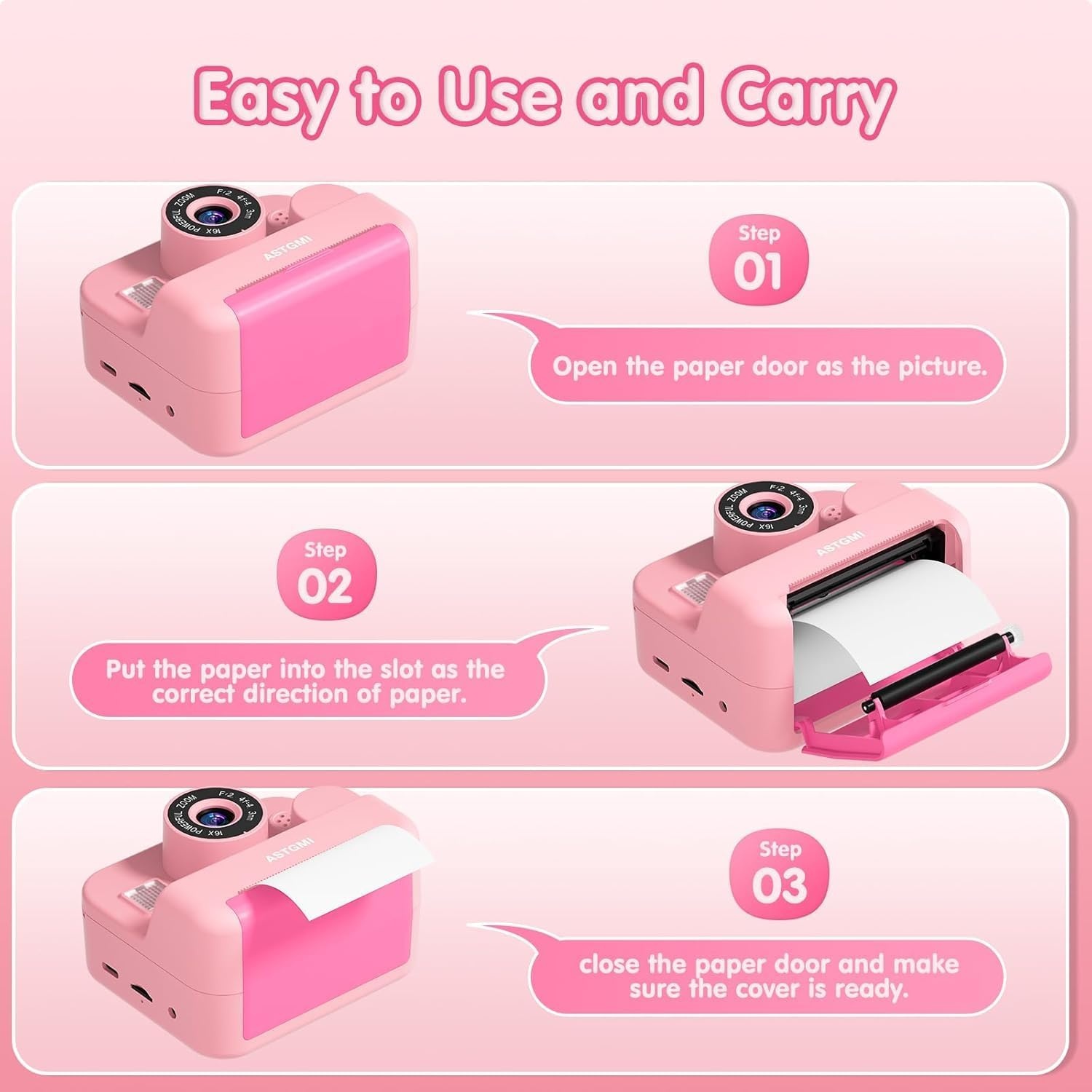 ASTGMI Instant camera, 2,4 inch kindercamerascherm met printpapier en 32 GB kaart, selfie- en videomodus, speelgoedcadeau voor kinderen, jongens, meisjes van 3 tot 14 jaar (roze)