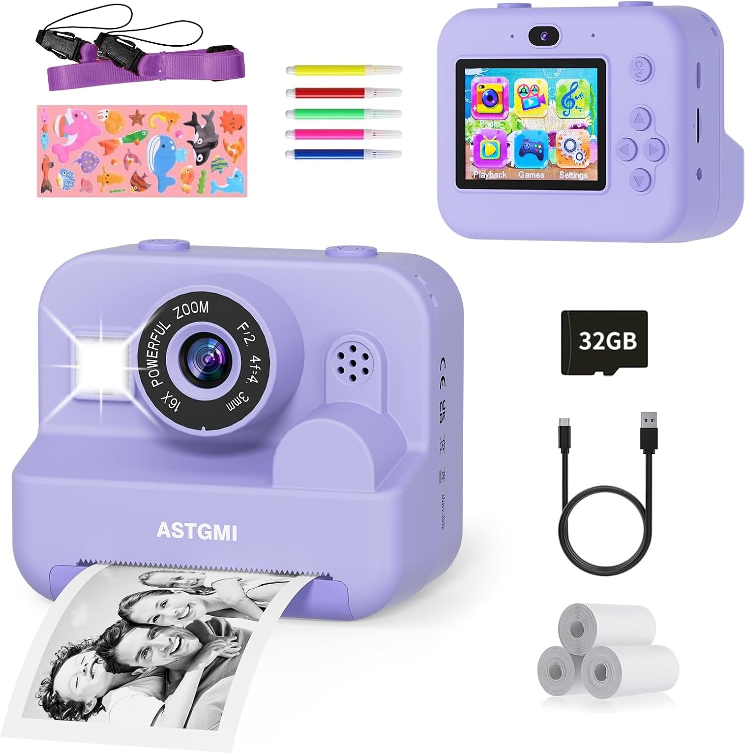 ASTGMI Instant camera, 2,4 inch kindercamerascherm met printpapier en 32 GB kaart, selfie- en videomodus, speelgoedcadeau voor kinderen, jongens, meisjes van 3 tot 14 jaar (roze)