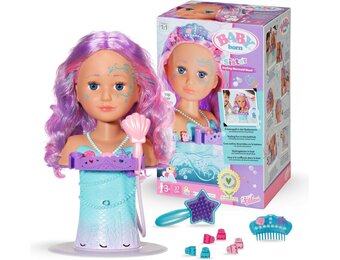 BABY born Sister Zeemeermin stijlhoofd, Ideaal voor kinderhandjes, bevordert creativiteit, empathie & sociale vaardigheden, 3+ jaar, Inclus. zeestervormige haarborstel, Tiara & haarspeltjes, 37 cm