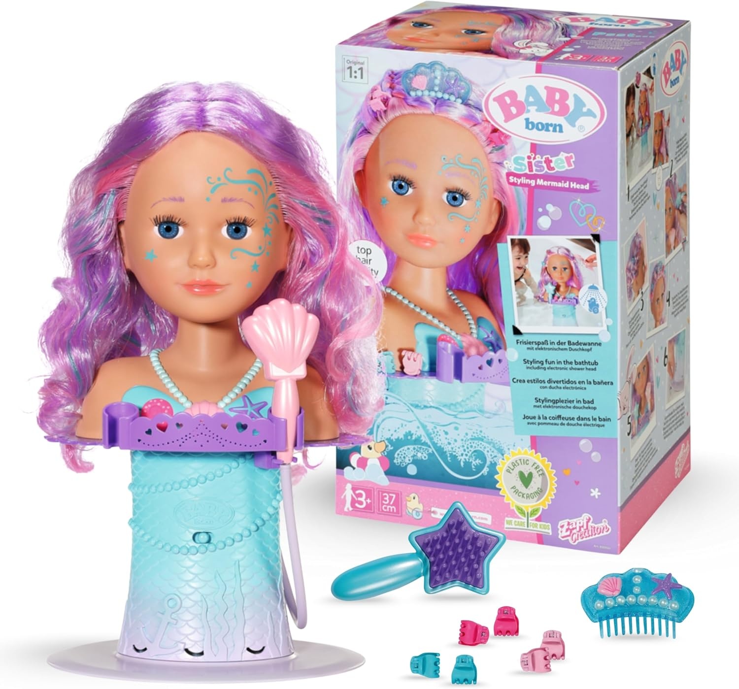 BABY born Sister Zeemeermin stijlhoofd, Ideaal voor kinderhandjes, bevordert creativiteit, empathie & sociale vaardigheden, 3+ jaar, Inclus. zeestervormige haarborstel, Tiara & haarspeltjes, 37 cm