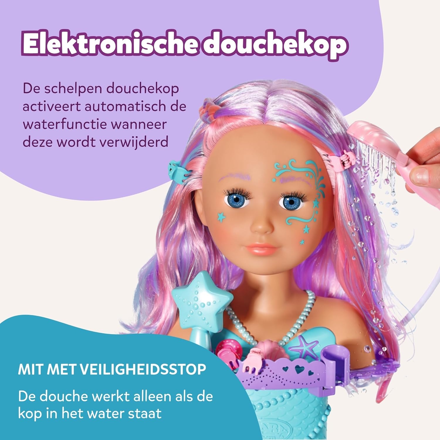 BABY born Sister Zeemeermin stijlhoofd, Ideaal voor kinderhandjes, bevordert creativiteit, empathie & sociale vaardigheden, 3+ jaar, Inclus. zeestervormige haarborstel, Tiara & haarspeltjes, 37 cm