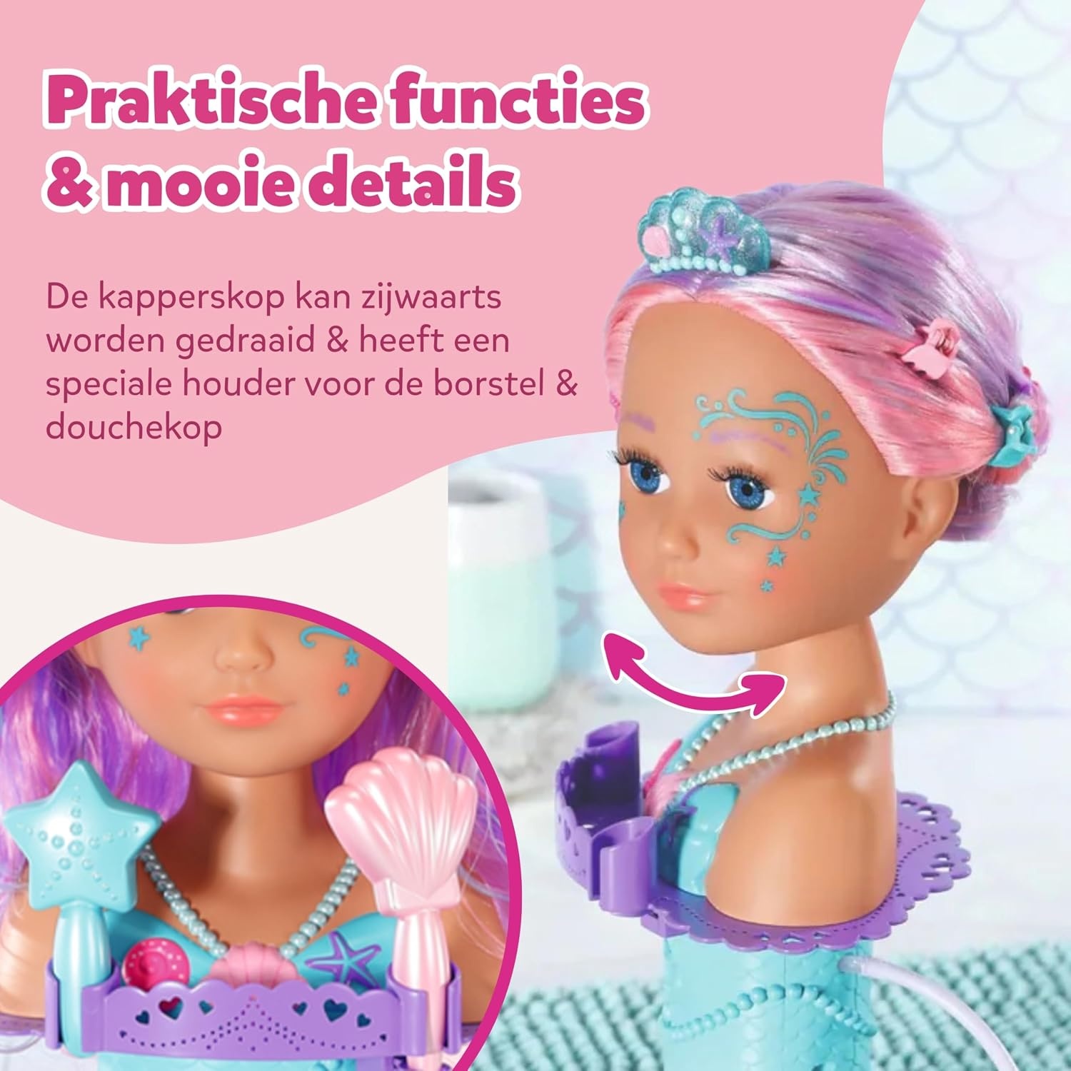 BABY born Sister Zeemeermin stijlhoofd, Ideaal voor kinderhandjes, bevordert creativiteit, empathie & sociale vaardigheden, 3+ jaar, Inclus. zeestervormige haarborstel, Tiara & haarspeltjes, 37 cm