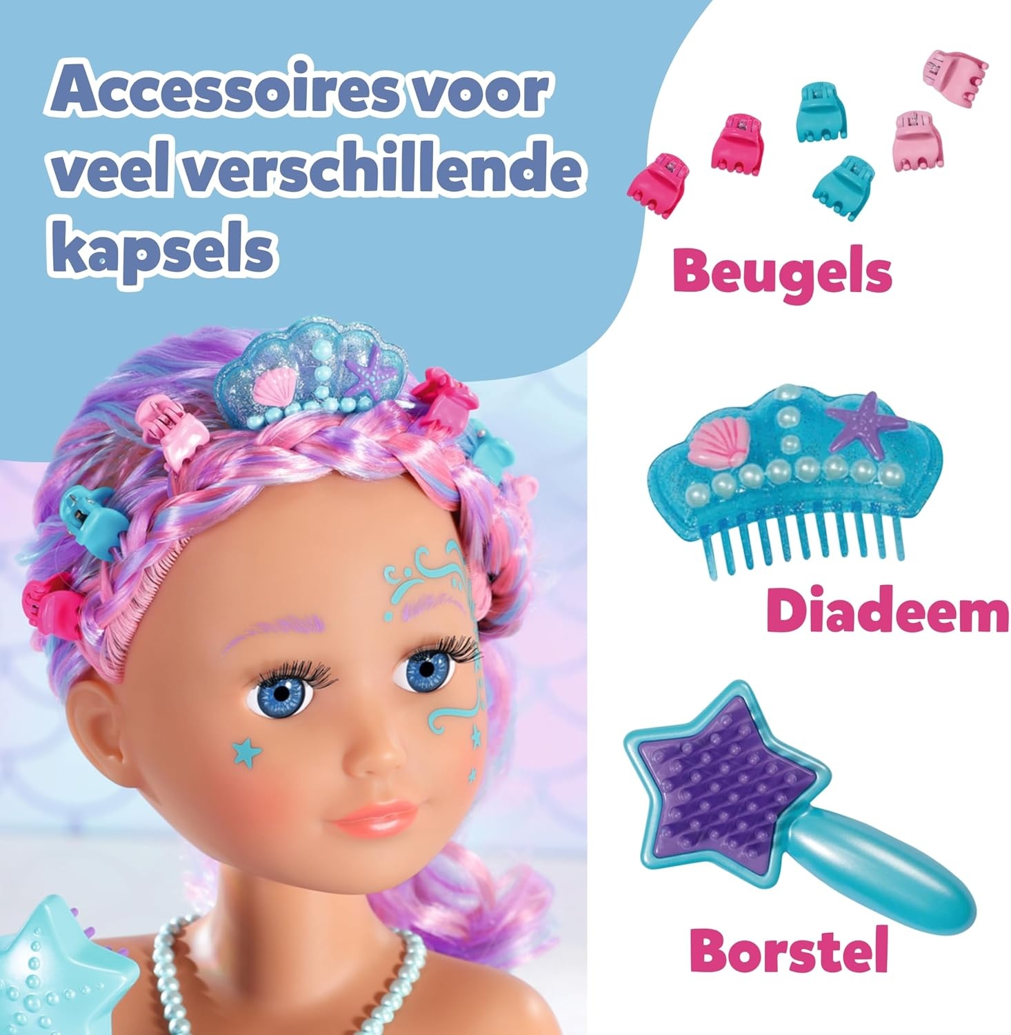 BABY born Sister Zeemeermin stijlhoofd, Ideaal voor kinderhandjes, bevordert creativiteit, empathie & sociale vaardigheden, 3+ jaar, Inclus. zeestervormige haarborstel, Tiara & haarspeltjes, 37 cm