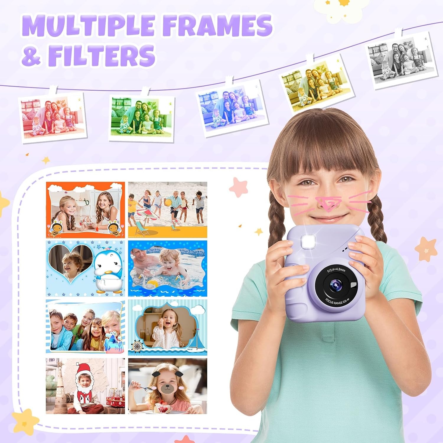 CalineGam Kindercamera Direct Printen, 3.0'' HD Scherm 48MP Fotocamera voor Kinderen met 32GB Kaart & Printpapier, 1080P HD Digitale Camera, Ideaal Cadeau voor Jongens Meisjes 3-12 Jaar (Paars)