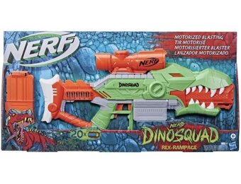 Lanzador de dardos motorizado Nerf DinoSquad Rex-Rampage, clip de 10 dardos, 20 dardos Nerf, porta-dardos de 10 dardos, diseño de dinosario T-Rex