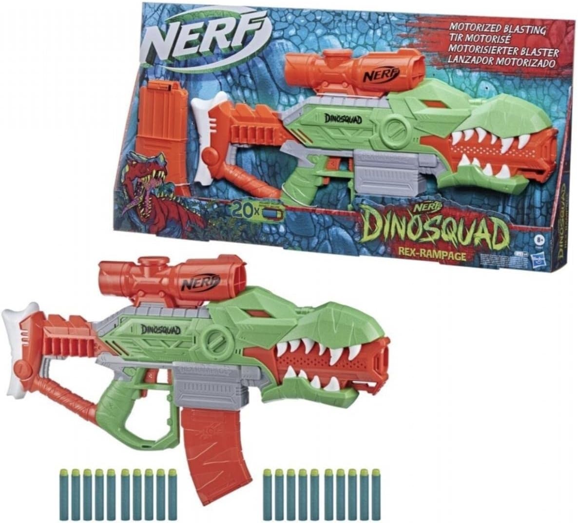 Lanzador de dardos motorizado Nerf DinoSquad Rex-Rampage, clip de 10 dardos, 20 dardos Nerf, porta-dardos de 10 dardos, diseño de dinosario T-Rex