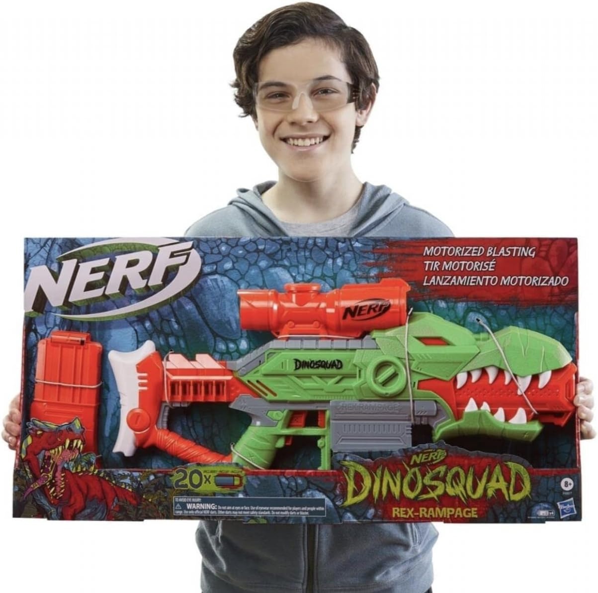 Lanzador de dardos motorizado Nerf DinoSquad Rex-Rampage, clip de 10 dardos, 20 dardos Nerf, porta-dardos de 10 dardos, diseño de dinosario T-Rex