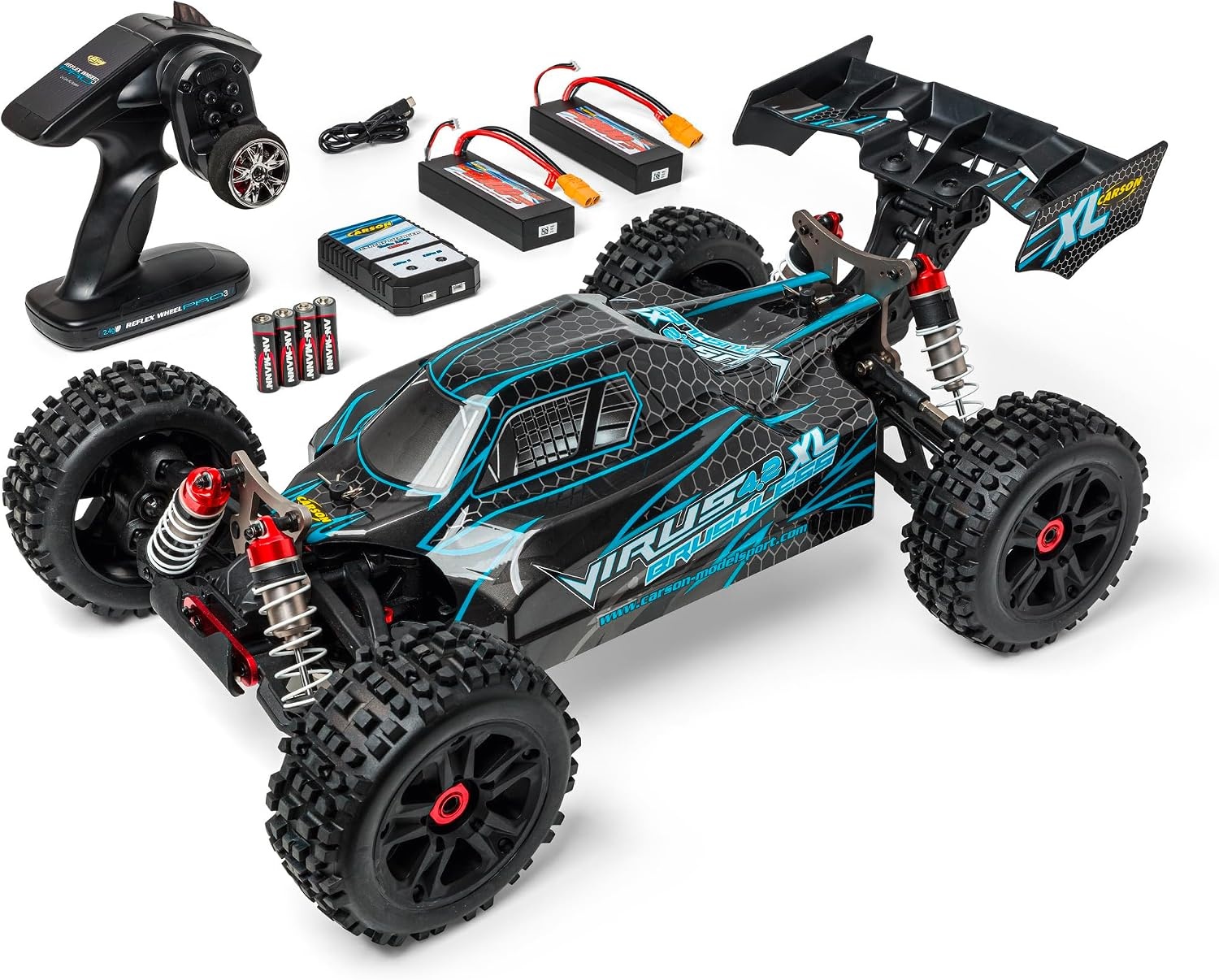 Carson 500409081 1:8 Virus 4.2 XL 100% RTR black/turquoise- RC car, remote controlled car, speed up to 80km/h, 100% RTR model, remote control included