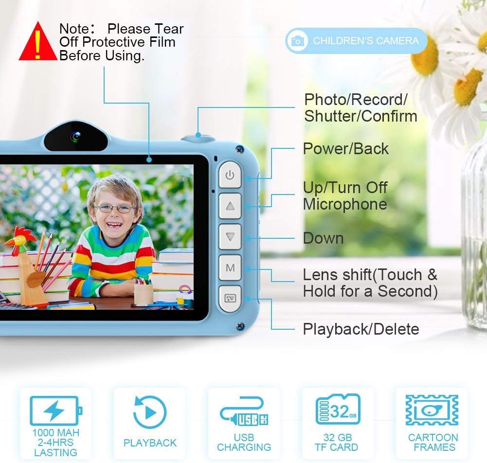 Kinderfotocamera - Camera voor Kinderen met Groot Display van 3,5 Inch, 1080P HD 12 MP, geïntegreerde SD-kaart, 32 GB, USB Oplaadbaar, Digitale Camera, Meisjes, Jongens, Verjaardag, Kerstmis, Geschenk