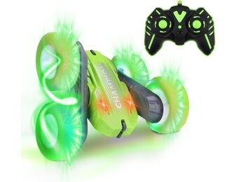 NK Op afstand bestuurde stuntauto voor kinderen, 360 graden rotatie, ledlampen, rubberen wielen, 15 x 15 x 6 cm, afstandsbediening inbegrepen, batterijen inbegrepen, voor kinderen vanaf 3 jaar, groen