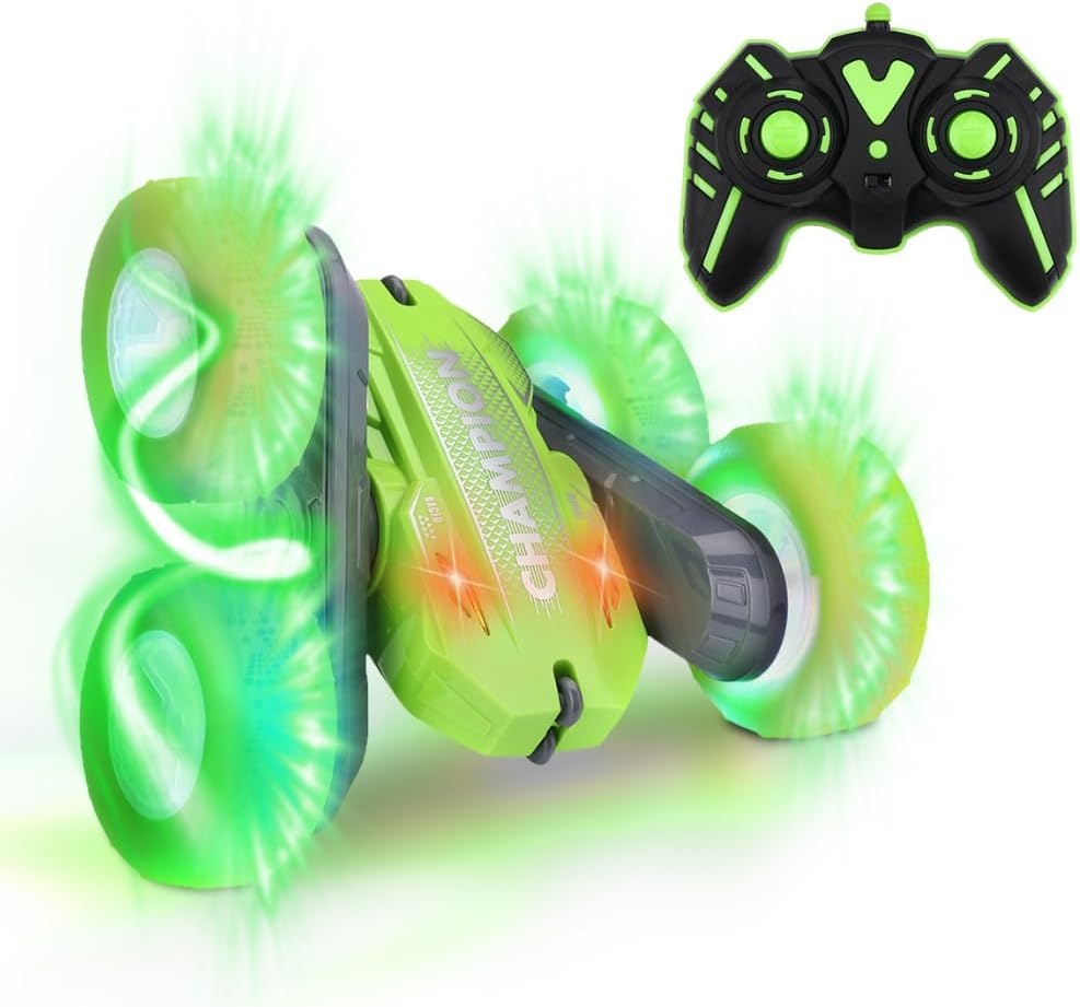 NK Op afstand bestuurde stuntauto voor kinderen, 360 graden rotatie, ledlampen, rubberen wielen, 15 x 15 x 6 cm, afstandsbediening inbegrepen, batterijen inbegrepen, voor kinderen vanaf 3 jaar, groen