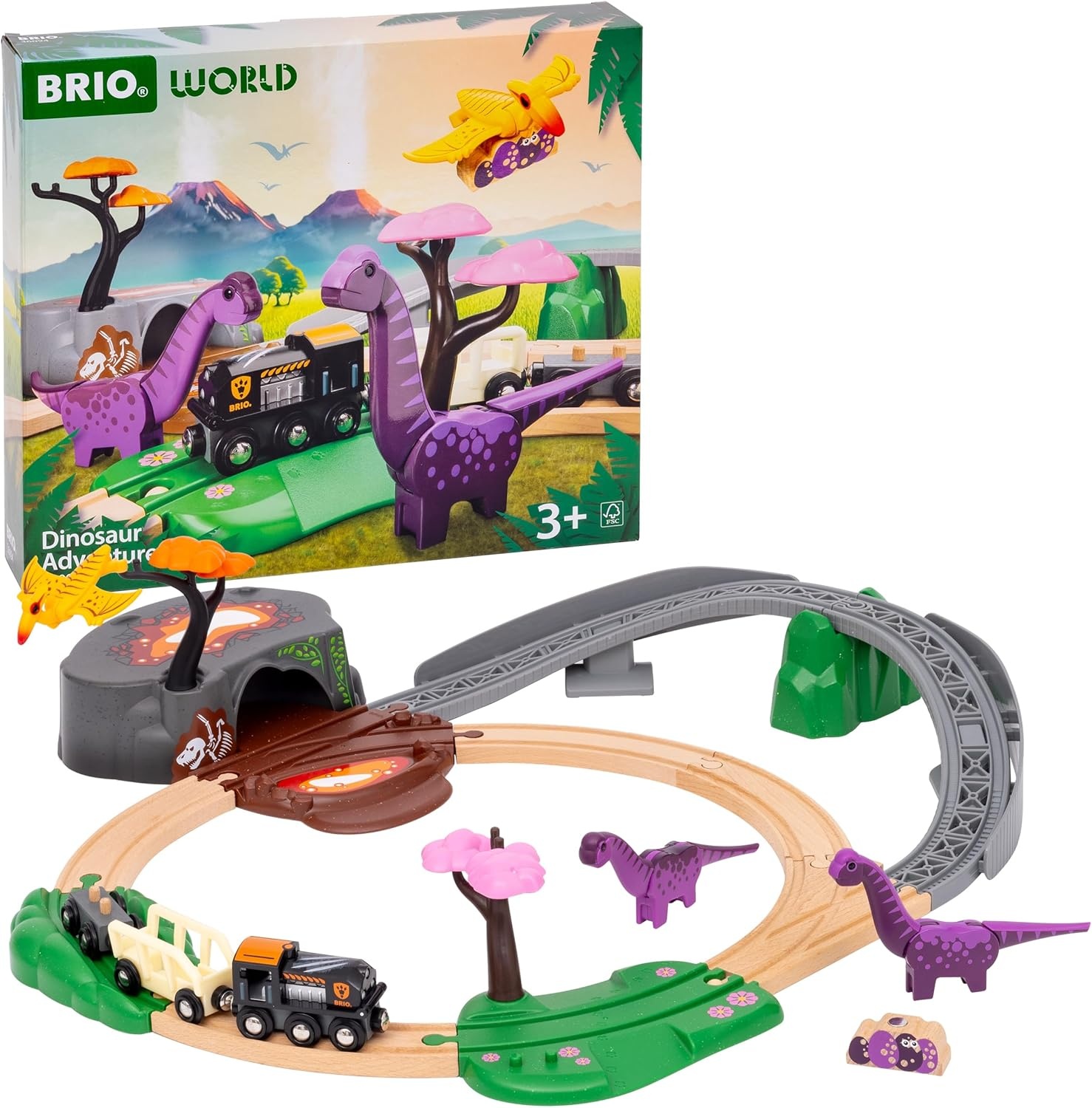 BRIO World Dinosaur Adventure Train Set for Kids Age 3 Years Up, Wooden Railway Accessories and Add Ons | dinosaur themed set, compatible with brio world sets, encourages imaginative play, durable wooden design