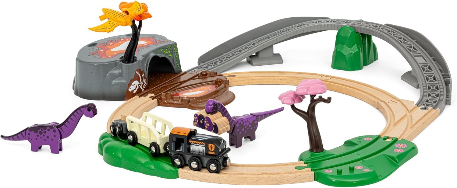 BRIO World Dinosaur Adventure Train Set for Kids Age 3 Years Up, Wooden Railway Accessories and Add Ons | dinosaur themed set, compatible with brio world sets, encourages imaginative play, durable wooden design