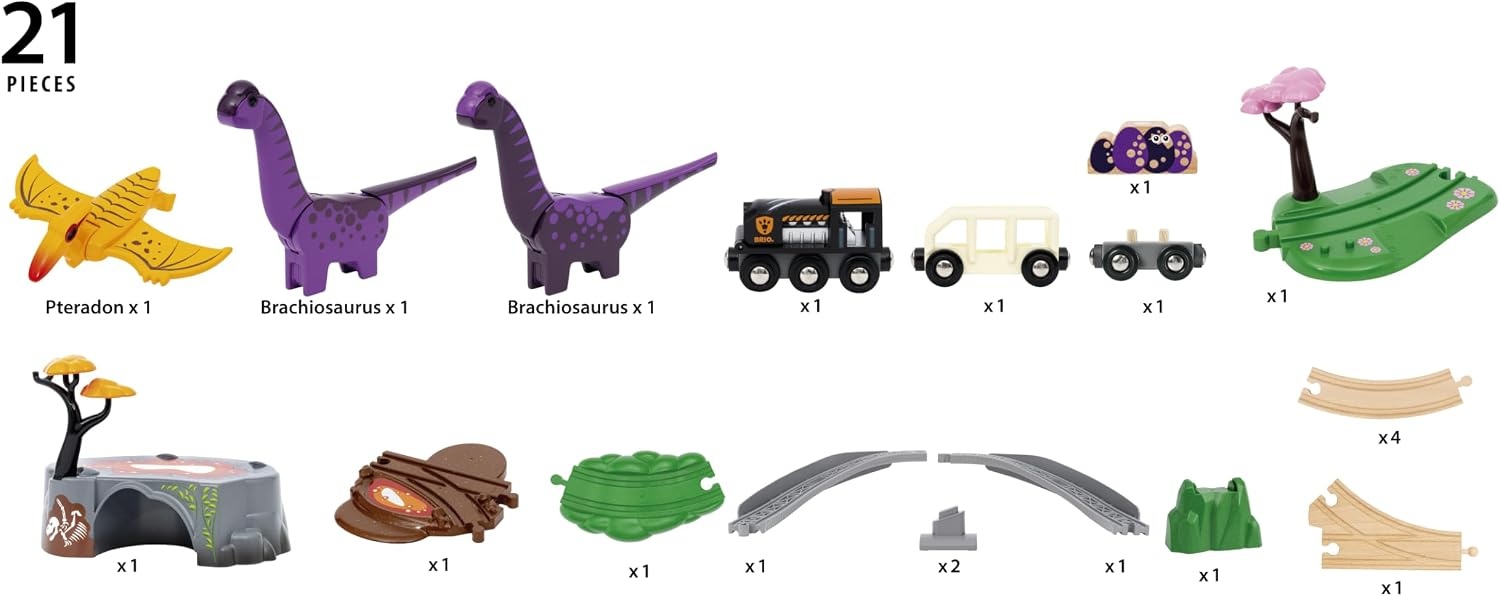 BRIO World Dinosaur Adventure Train Set for Kids Age 3 Years Up, Wooden Railway Accessories and Add Ons | dinosaur themed set, compatible with brio world sets, encourages imaginative play, durable wooden design
