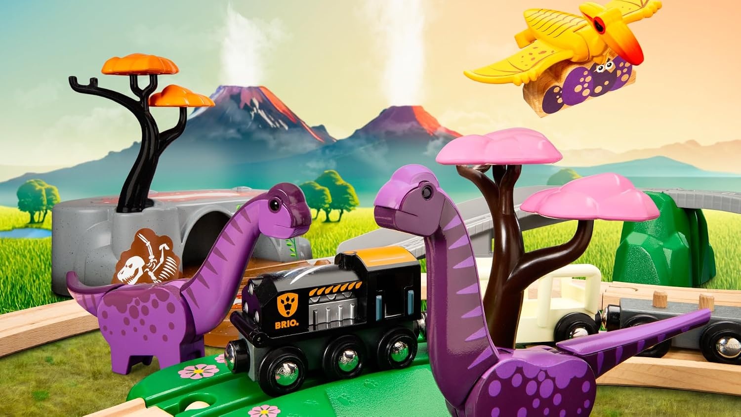 BRIO World Dinosaur Adventure Train Set for Kids Age 3 Years Up, Wooden Railway Accessories and Add Ons | dinosaur themed set, compatible with brio world sets, encourages imaginative play, durable wooden design