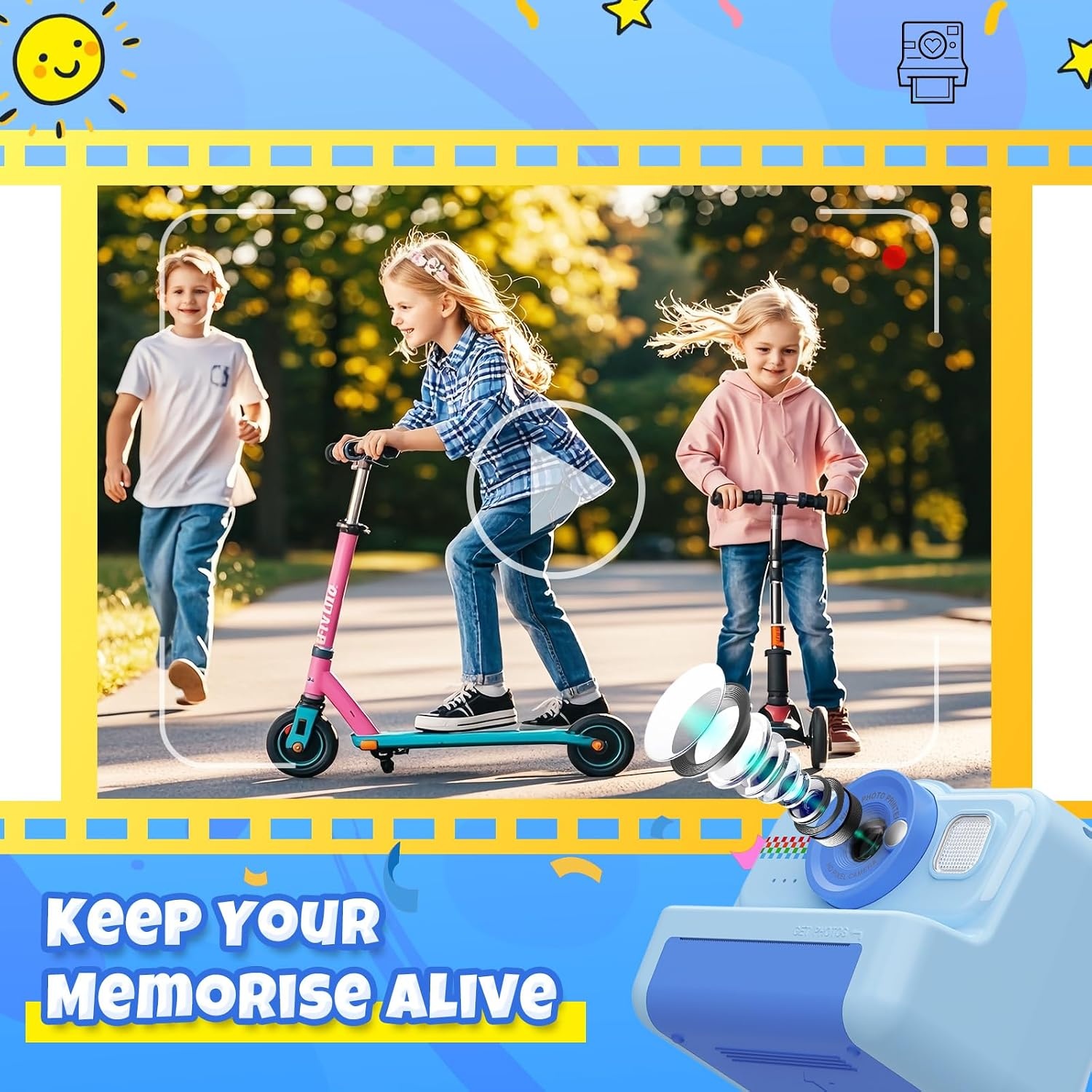HiMont Instant Kinderfotocamera, HD/1080P Instantcamera voor Kinderen met 32G-Kaart en Printpapier, Kinderfotocamera Leuk Speelgoedcadeau voor Kinderen van 3 tot 12 Jaar