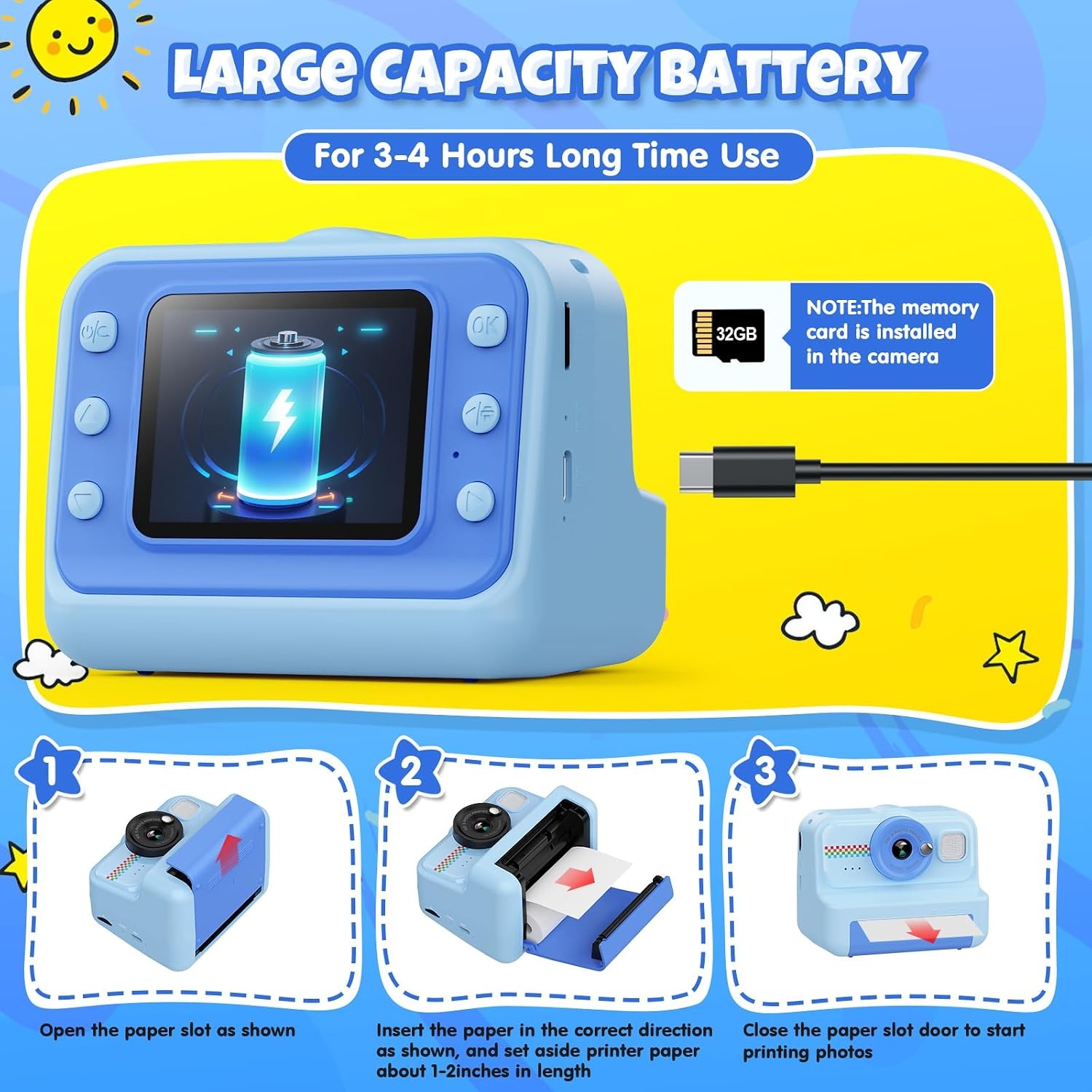 HiMont Instant Kinderfotocamera, HD/1080P Instantcamera voor Kinderen met 32G-Kaart en Printpapier, Kinderfotocamera Leuk Speelgoedcadeau voor Kinderen van 3 tot 12 Jaar
