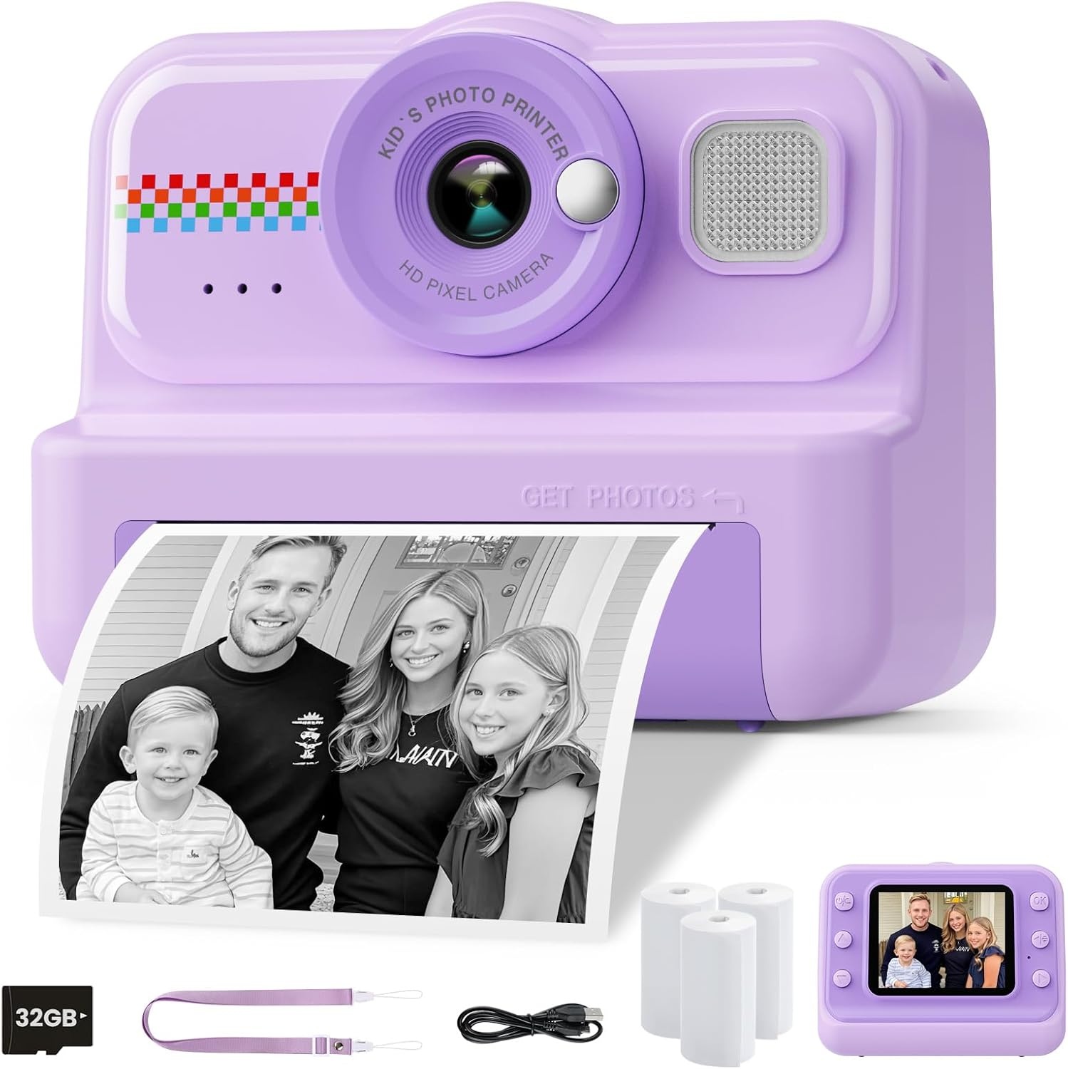 HiMont Instant Kinderfotocamera, HD/1080P Instantcamera voor Kinderen met 32G-Kaart en Printpapier, Kinderfotocamera Leuk Speelgoedcadeau voor Kinderen van 3 tot 12 Jaar