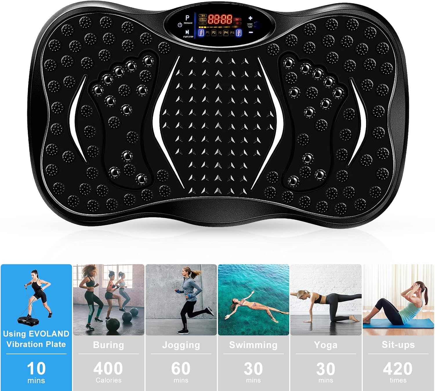 EVOLAND Trilplaat trilapparaten met 5 trainingsprogramma's tot 99 intensiteitsniveaus, bluetooth-luidspreker, weerstandsbanden met handgreep voor full-body training en lichaamsvorming
