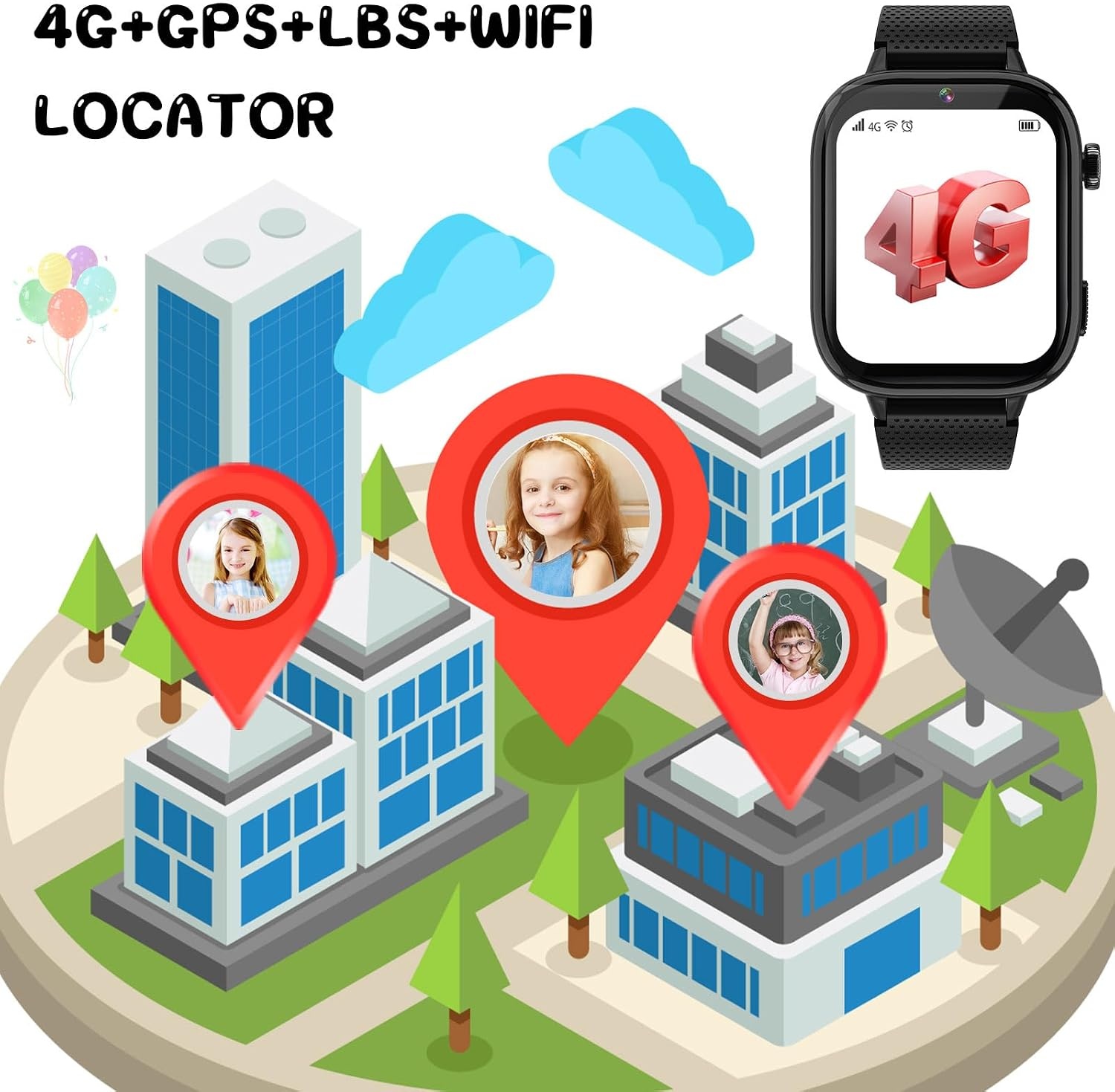 OKYUK 4G Smartwatch voor kinderen, smartwatch voor kinderen met GPS en telefoon, polshorloge voor jongens en meisjes, met video-telefoongesprek, berichten, schoolmodus, SOS-functie, camera en