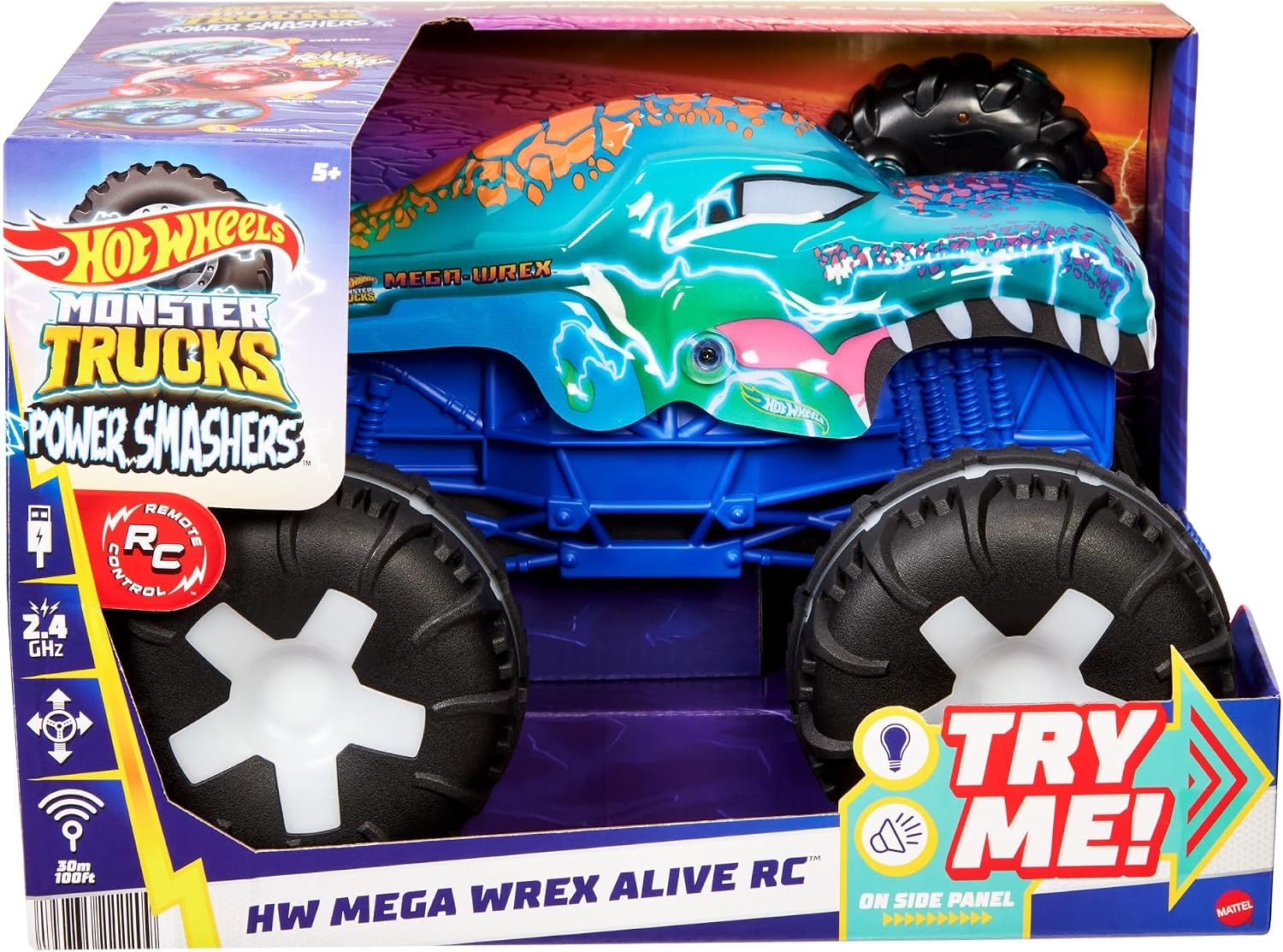 Hot Wheels Monster Trucks Mega-Wrex Alive RC, bestuurbare truck | Grote RC-speelgoedtruck met licht en geluid, oplaadbaar via USB, schaal 1:15, JBD90