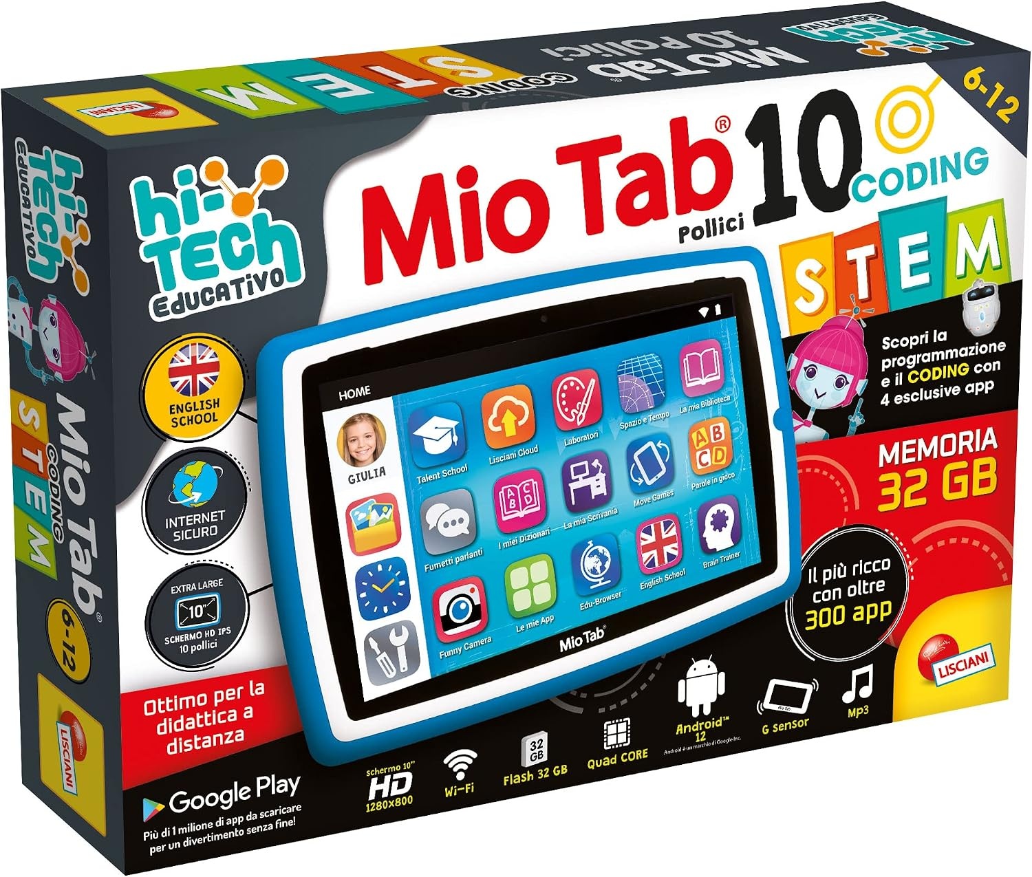 Lisciani Giochi Mio Tab STEM Coding XL 2022, kinderen vanaf 6 jaar, beeldscherm 10 inch, geheugen 32 GB, autonoom, sensorische vaardigheden, oog-handcoördinatie, meerkleurig, 97036