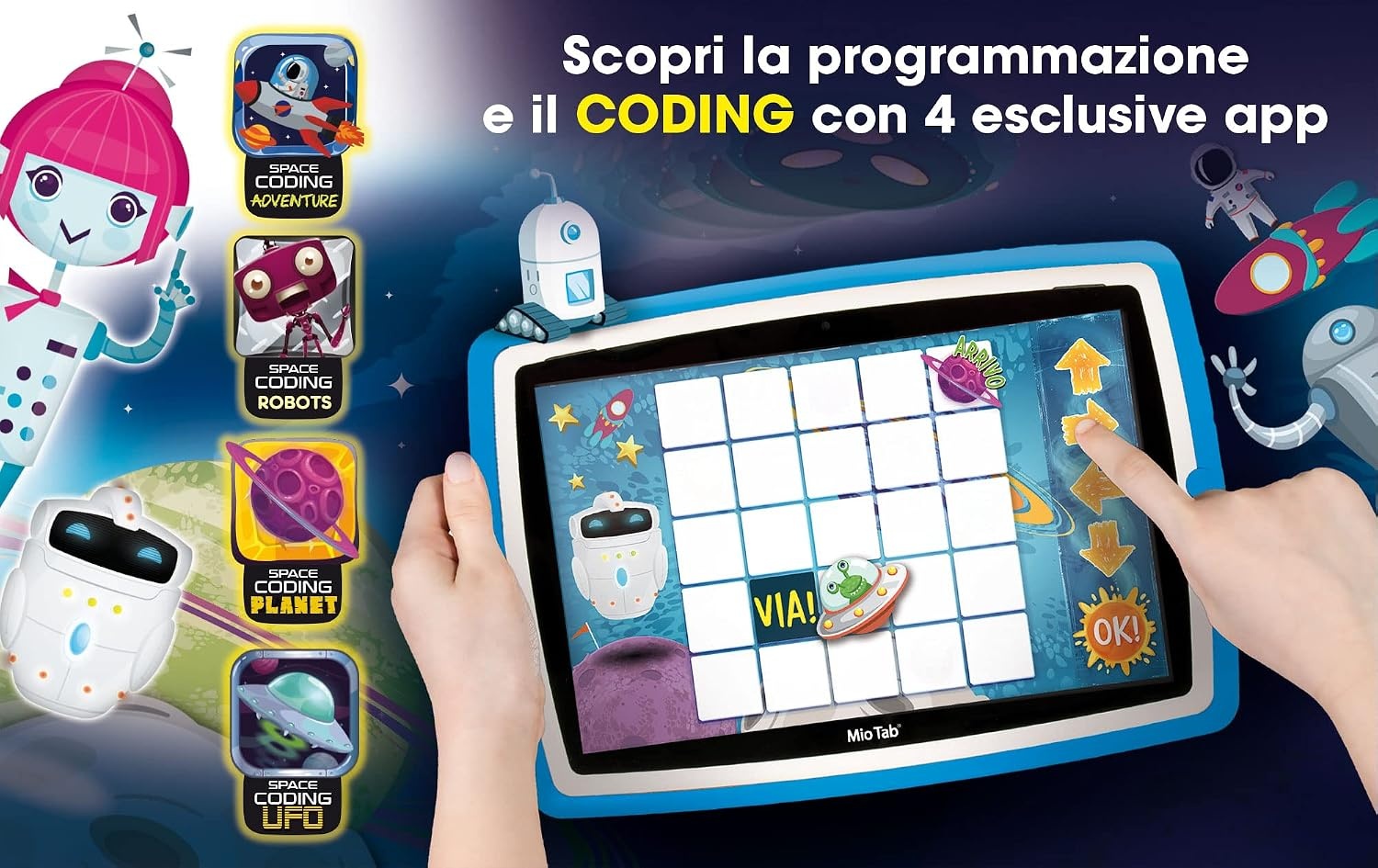 Lisciani Giochi Mio Tab STEM Coding XL 2022, kinderen vanaf 6 jaar, beeldscherm 10 inch, geheugen 32 GB, autonoom, sensorische vaardigheden, oog-handcoördinatie, meerkleurig, 97036
