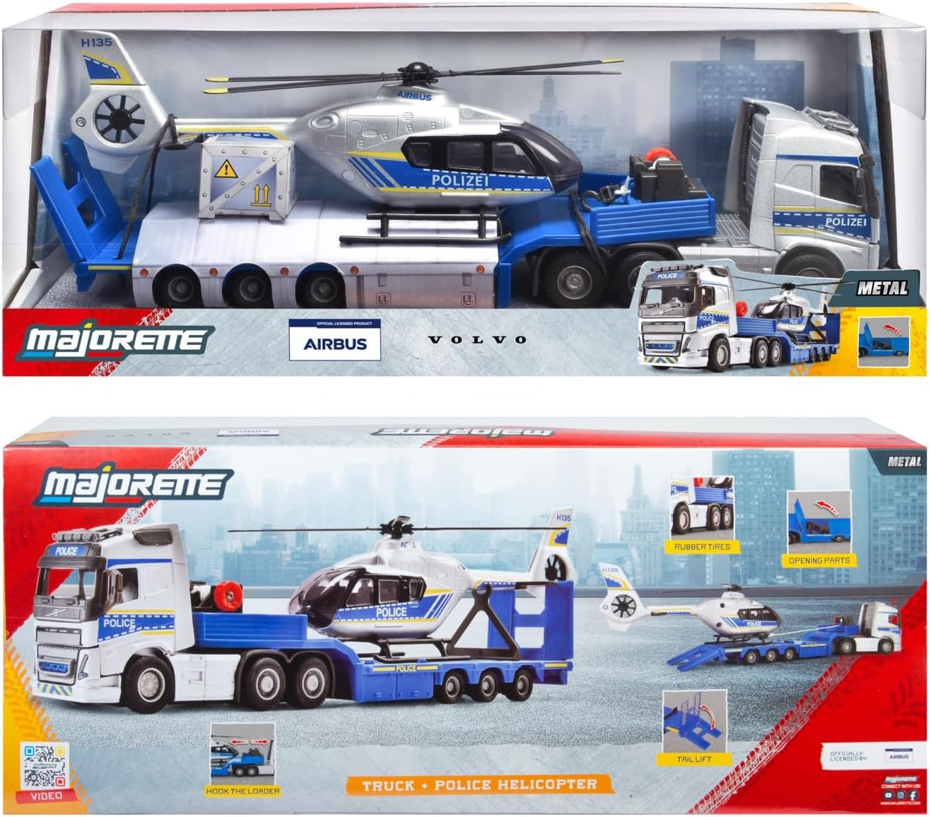 MOJORETTE - Grand Series Volvo FH-16 politievrachtwagen (35 cm) en Airbus H135 (25,5 cm), schaal 1:43, van metaal en kunststof, met Volvo en Airbus licentie (21371600038)