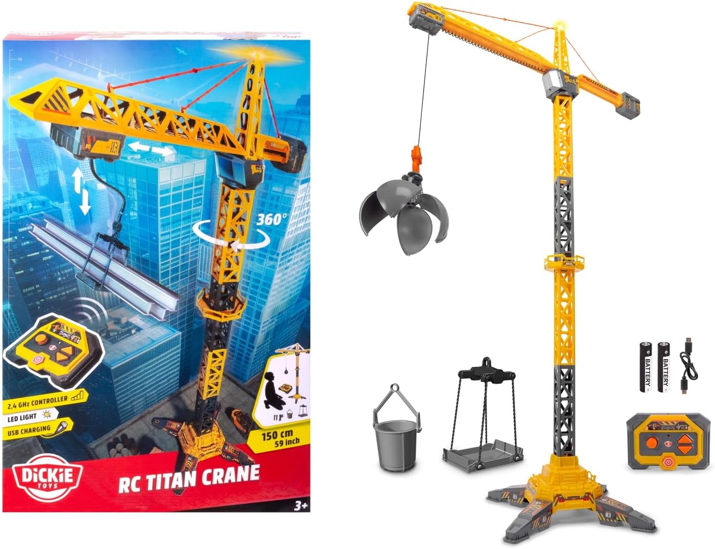 Dickie Toys - RC Titan Crane (150 cm) - Op afstand bestuurde speelgoedkraan met 360° rotatie en interactieve accessoires, speelkraan met afstandsbediening en licht voor kinderen vanaf 3 jaar, incl