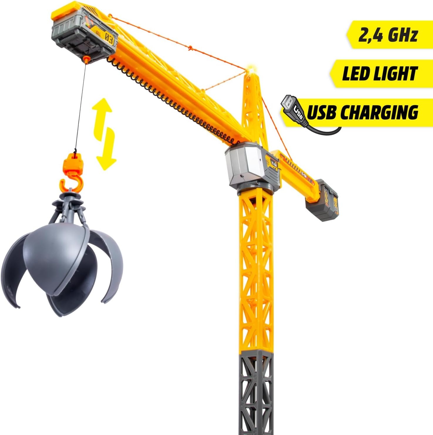 Dickie Toys - RC Titan Crane (150 cm) - Op afstand bestuurde speelgoedkraan met 360° rotatie en interactieve accessoires, speelkraan met afstandsbediening en licht voor kinderen vanaf 3 jaar, incl