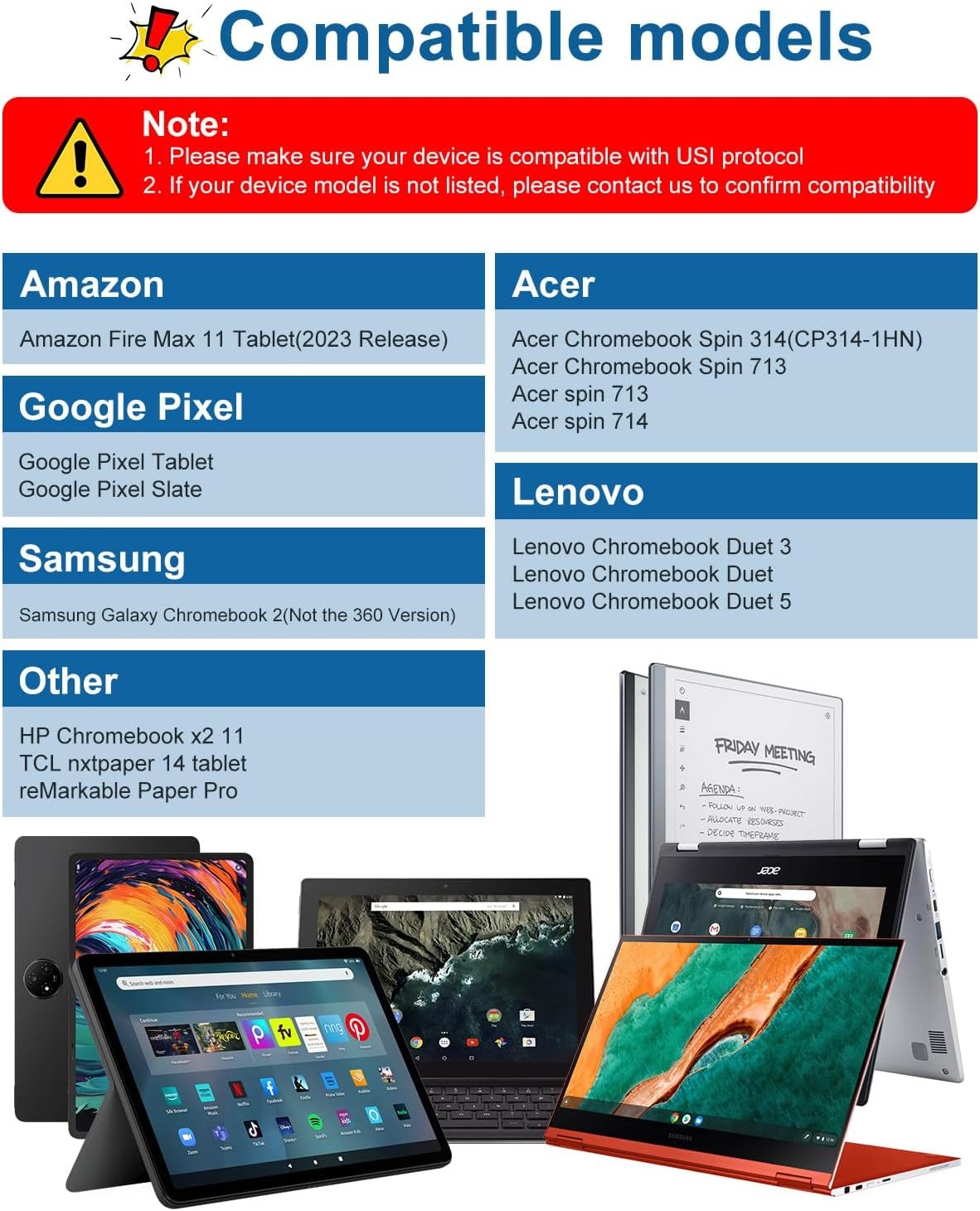 Stylus Pen USI 2.0 voor Amazon Fire Max 11, Google Pixel Tablets, Lenovo Chromebook Duet & Acer Chromebook Spin314 - Magnetische adsorptie & gumfuncti