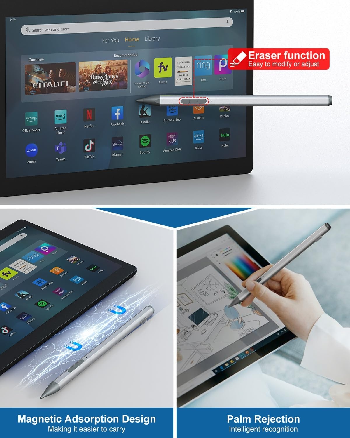 Stylus Pen voor Amazon Fire Max 11, Google Pixel Tablets, Lenovo Chromebook Duet, Acer Chromebook Spin314 | USI 2.0 | Magnetische adsorptie & Gumfunct