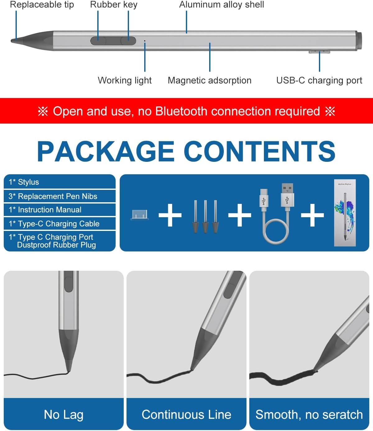 Stylus Pen USI 2.0 Compatibel met Amazon Fire Max 11, Google Pixel Tablets, Lenovo Chromebook Duet, Acer Chromebook Spin314 | Magnetische Adsorptie &